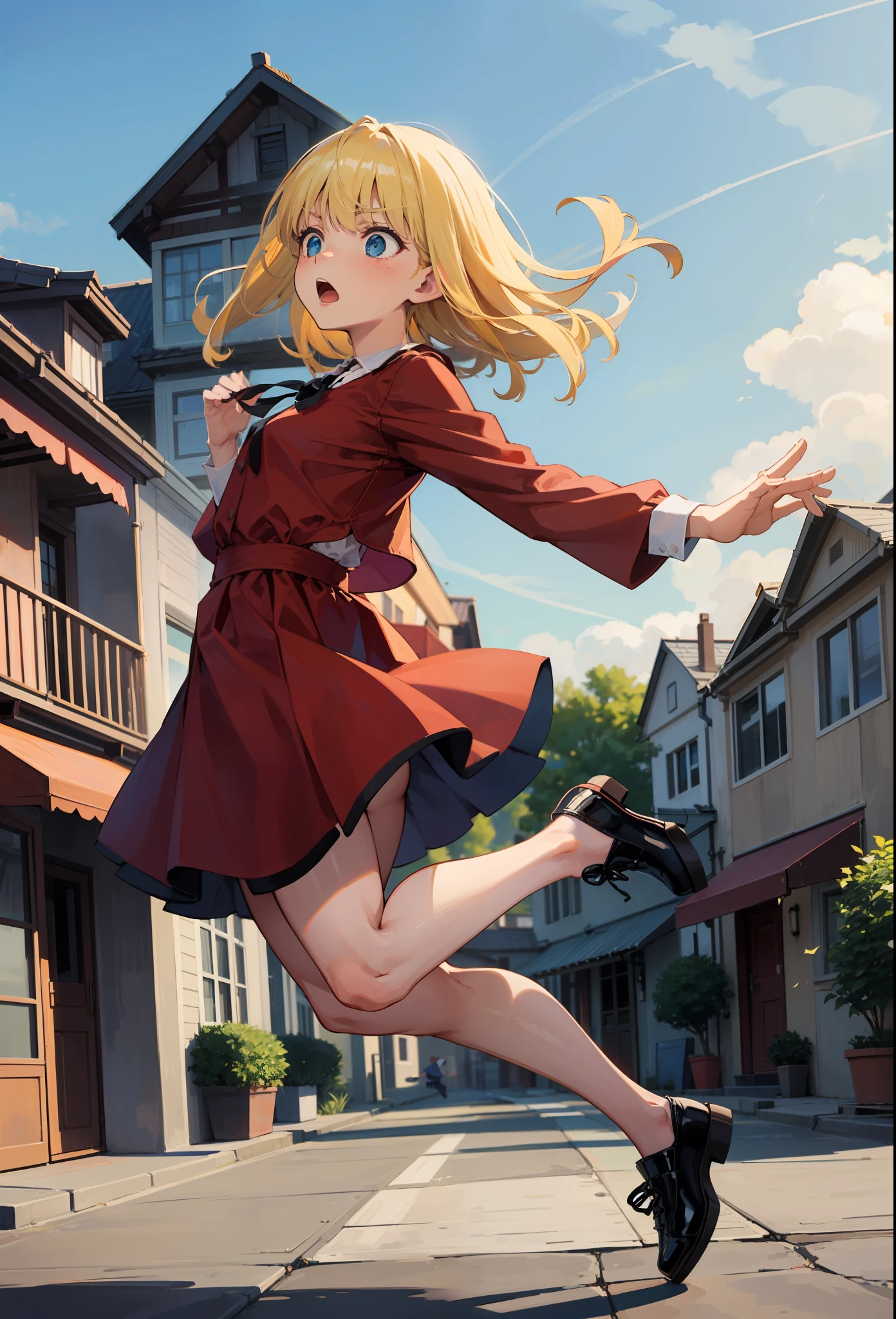 Blonde girl wearing simple red dress, jumping towards the roof of a house, in perspective seen from the side and at high speed with a worried face.