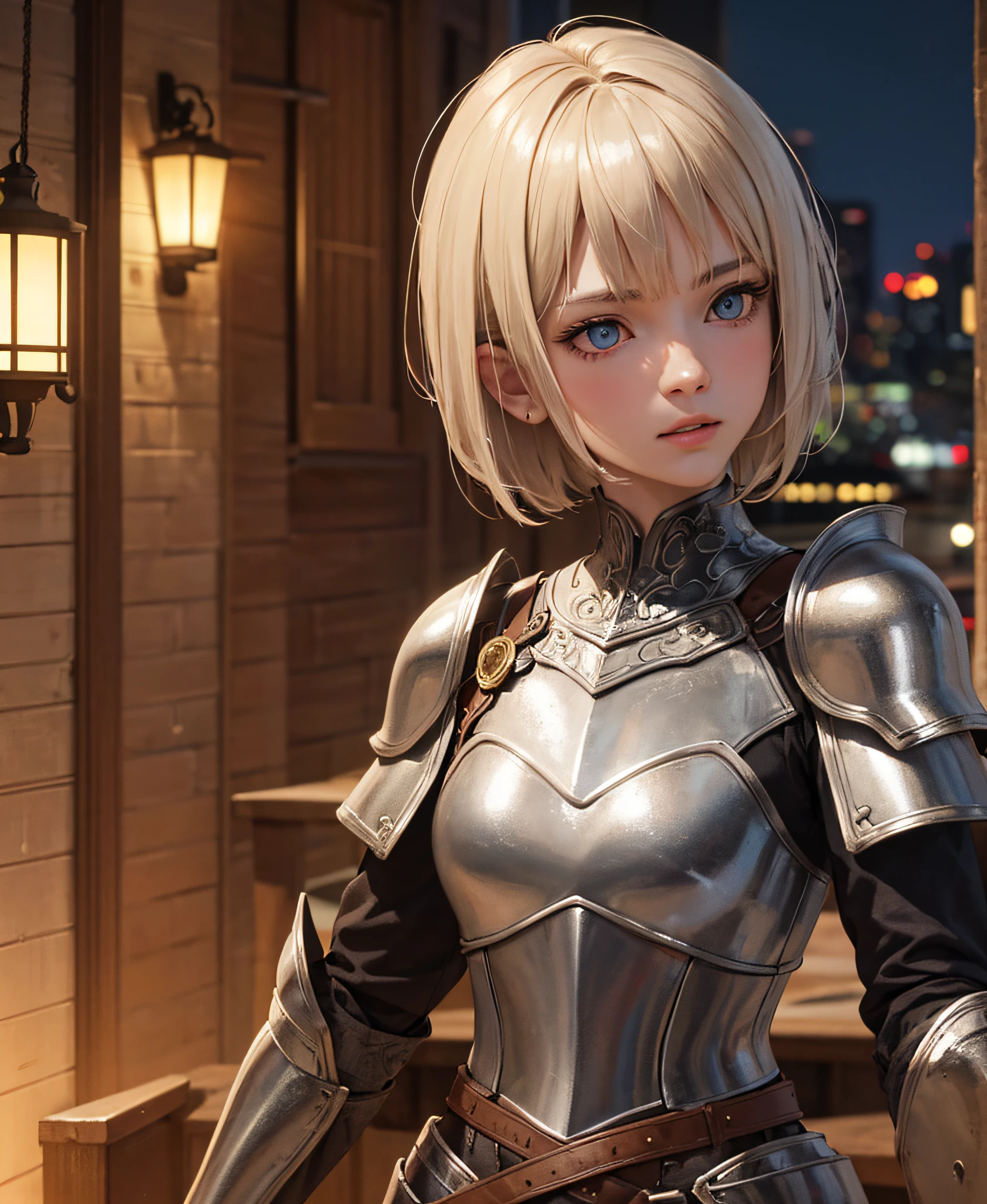 Surreal, Photorealistic: 1.3,3d,ultra_detailed,Masterpiece,8k Illustration,Highly Detailed CG Unity 8k Wallpaper,Top Quality,Absurdity,Official Art,Dramatic Lighting,Detailed Skin Texture,Detailed Cloth Texture,Beautiful Detailed Face,Intricate Detail, Ultra Detailed, Rim Lighting, Side Lighting, Cinematic Light, Ultra High Definition, 8K UHD, Film Grain,Best Shadow, Delicate, Raw,Break,
1 girl, short hair, bob cut, standing, anise, (shiny blue armor: 1.3), cowboy shot, look out, night city, city lights, command, beautiful detailed eyes,