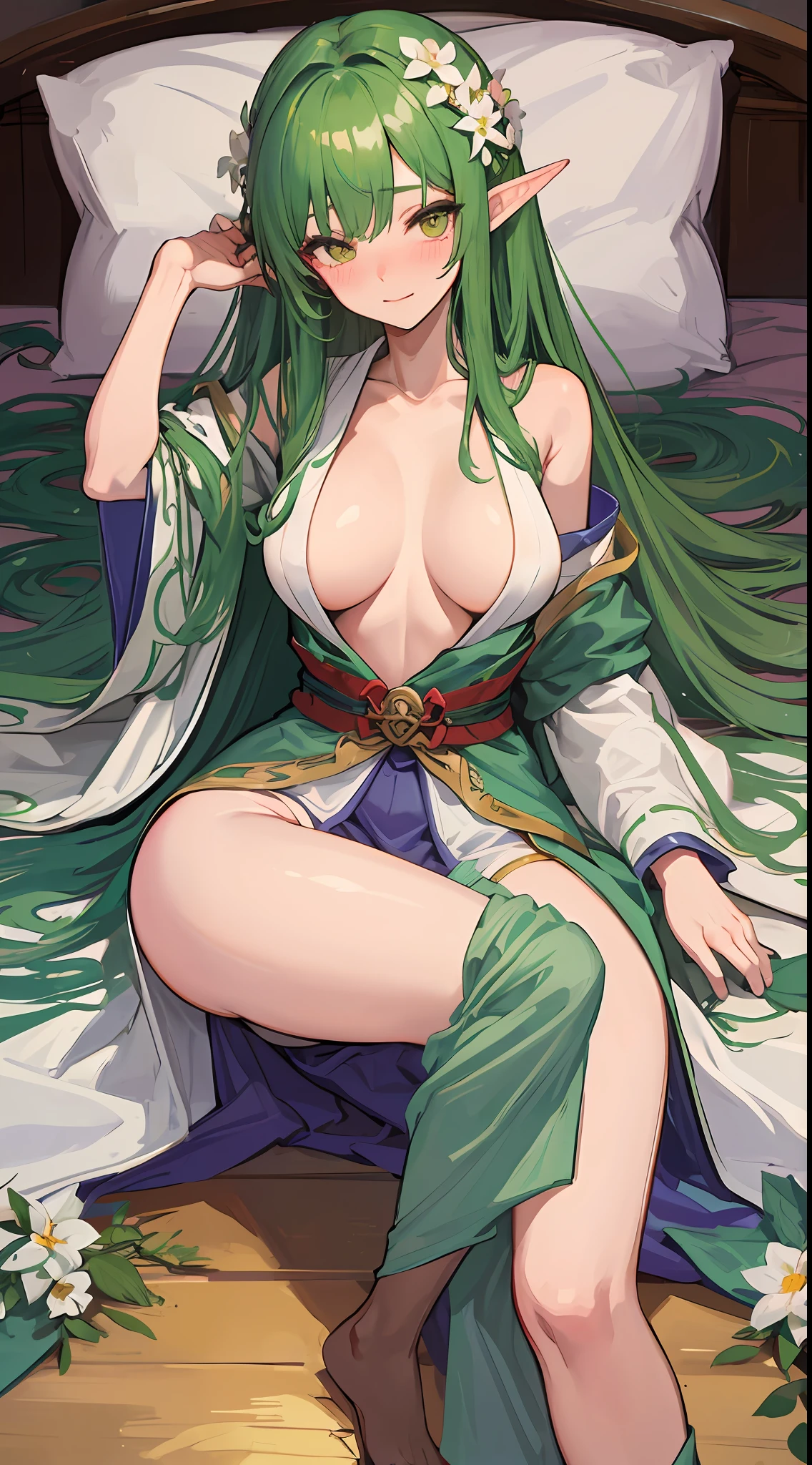 1mature elves girl, green long hair, golden eyes, white sage robe, she have white flower in her head and medium boobs, lay on bed blushes and looks so sexy