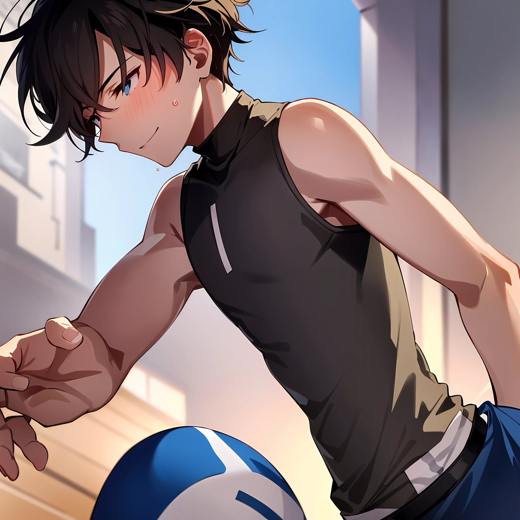 (Super detailed, high resolution, Kyoto animation style anime illustration, highest quality official art featured: 1.6), , detailed beautiful face and eyes, highly detailed body, very detailed hairy nice hands, perfect hands, beautiful hands, (1 boy: 1.4), (handsome: 1.2), flat chest, black hair, sleeping habit very short hair, black jersey, delicate body: 1.5), ( Man running in park, :1.4), (dynamic angle, looking away, upper body, expressionless: 1.2), (light smile, 27-year-old male, medium tall), (outside, walking path), rest, running, sweating, frontal angle