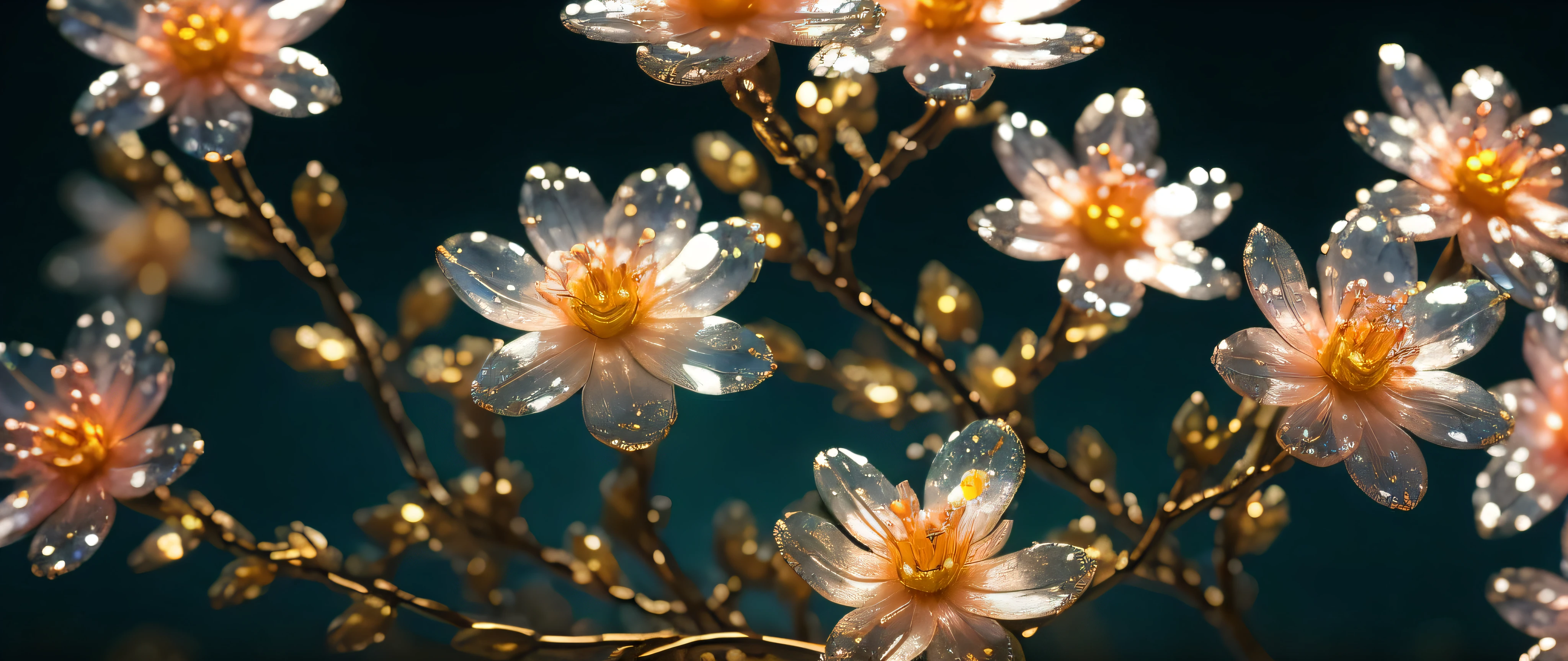 crystal spring blossom, fantasy, galaxy, transparent, shimmering, sparkling, splendid, colorful, magical photography, dramatic lighting, photo realism, ultra-detailed, 4k, Depth of field, High-resolution