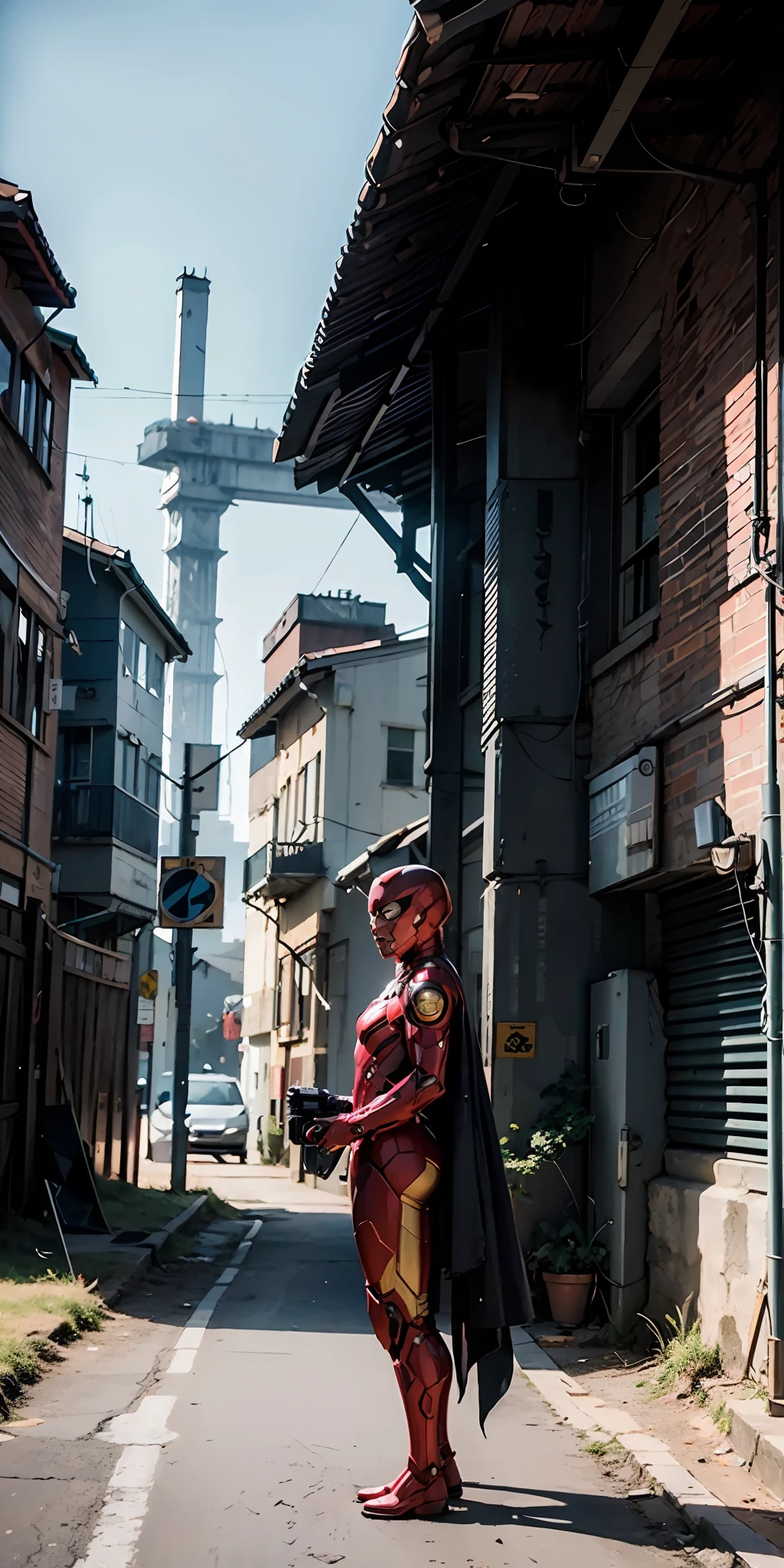 (1girl: 1.3), solo, __body-parts__, official art, unity 8k wallpaper, ultra detailed, beautiful and aesthetic, beautiful, masterpiece, best quality, RAW, masterpiece, super thin photo, best quality, super high resolution, photorealistic, sunlight, full body portrait, incredibly beautiful,, dynamic pose, delicate face, vibrant eyes, (side view), she is wearing a futuristic Iron Man mech, red and gold, Highly detailed abandoned warehouse background, detailed face, complex background detailed busy, messy, gorgeous, milky, highly detailed skin, realistic skin details, visible pores, sharp focus, volumetric fog, 8k uhd, DSLR camera, high quality, film grain, light skin, photorealism, lomography, expanding metropolis in a futuristic dystopia, view from below, translucent Batman of the dark knight is imposing in a gothic lost city. Moonlight highlights your muscles and scars. The scenery is lush and mysterious, with futuristic technology and surroundings. The camera details everything, a warrior woman, in front of him.