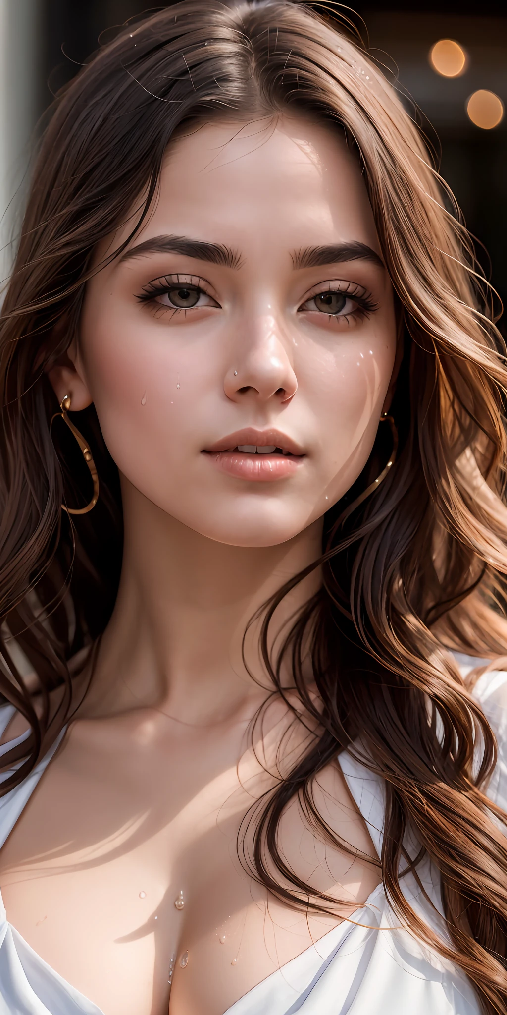 Photo of 25 year old European girl, RAW, beautiful woman, (brown hair with extra long wavy), ((portrait)), (Detailed face: 1.2)), (Detailed facial features)), (Fine skin), pale skin, high detail and deep cleavage body conhasmat suit, slim body, megacity environment, (cold color), wet, moist, reflection, (masterpiece) ( Perfect proportions) (realistic photos) (highest quality) (detail) shot with Canon EOS R5, 50mm lens, f/2.8, HDR, (8k) (wallpaper) (movie lighting) (dramatic lighting) (sharp focus) (complex) fashion