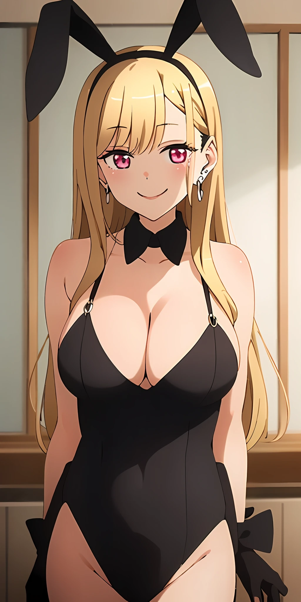 (Best quality:1.3), kitagawa, blonde hair, earrings, large breasts, black bunnysuit, bunny ears sexy, smiling, (pov)