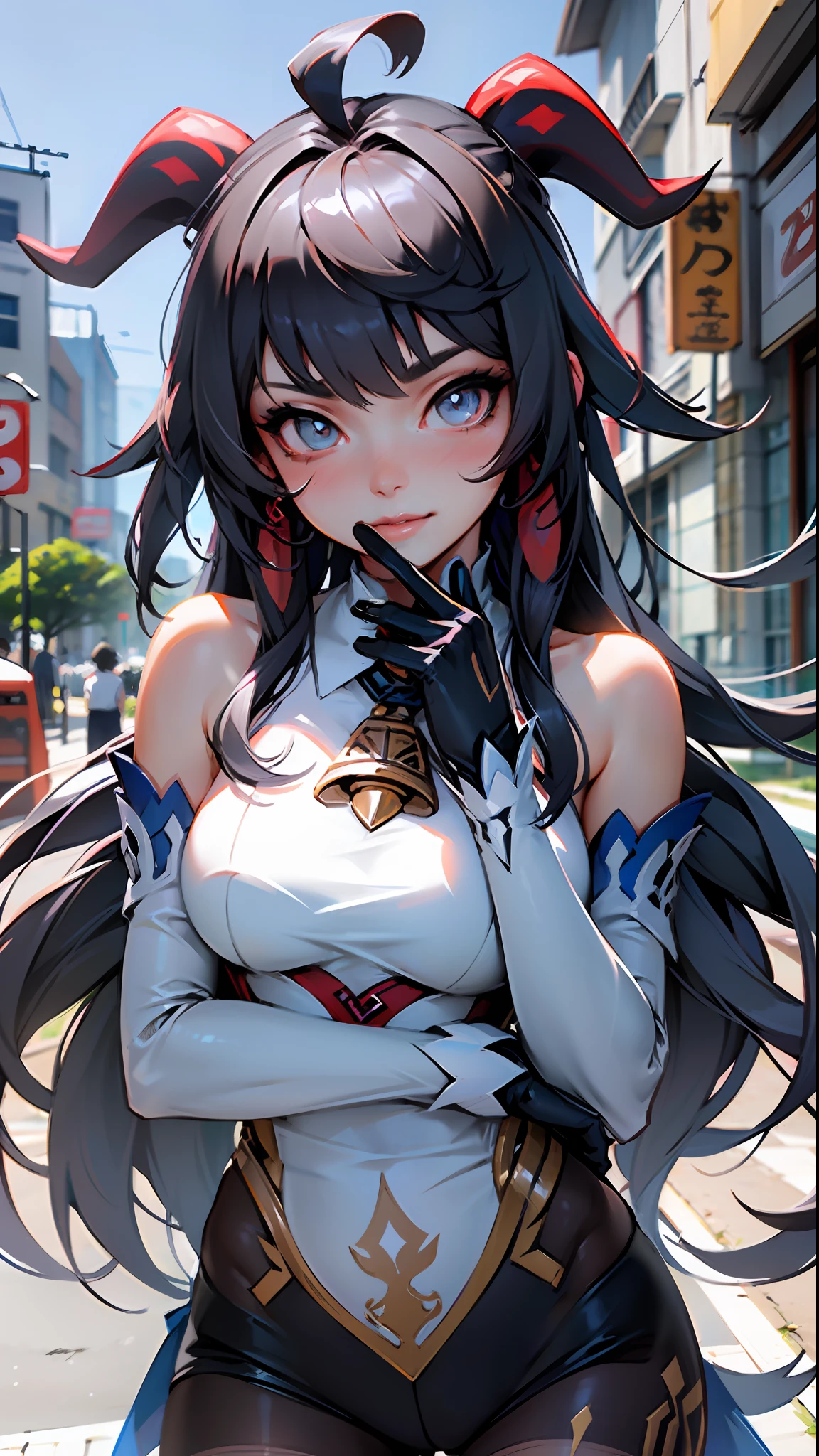 (photorealistic:1.4), (masterpiece, sidelighting, finely detailed beautiful eyes: 1.2), masterpiece*portrait, realistic, 3d face,
ganyu \(genshin impact\), 1girl, ahoge, architecture, bangs, bare shoulders, bell, black gloves, black pantyhose, (blue hair), blush, breasts, chinese knot, detached sleeves, flower knot, gloves, horns, long hair, looking at viewer, medium breasts, neck bell
