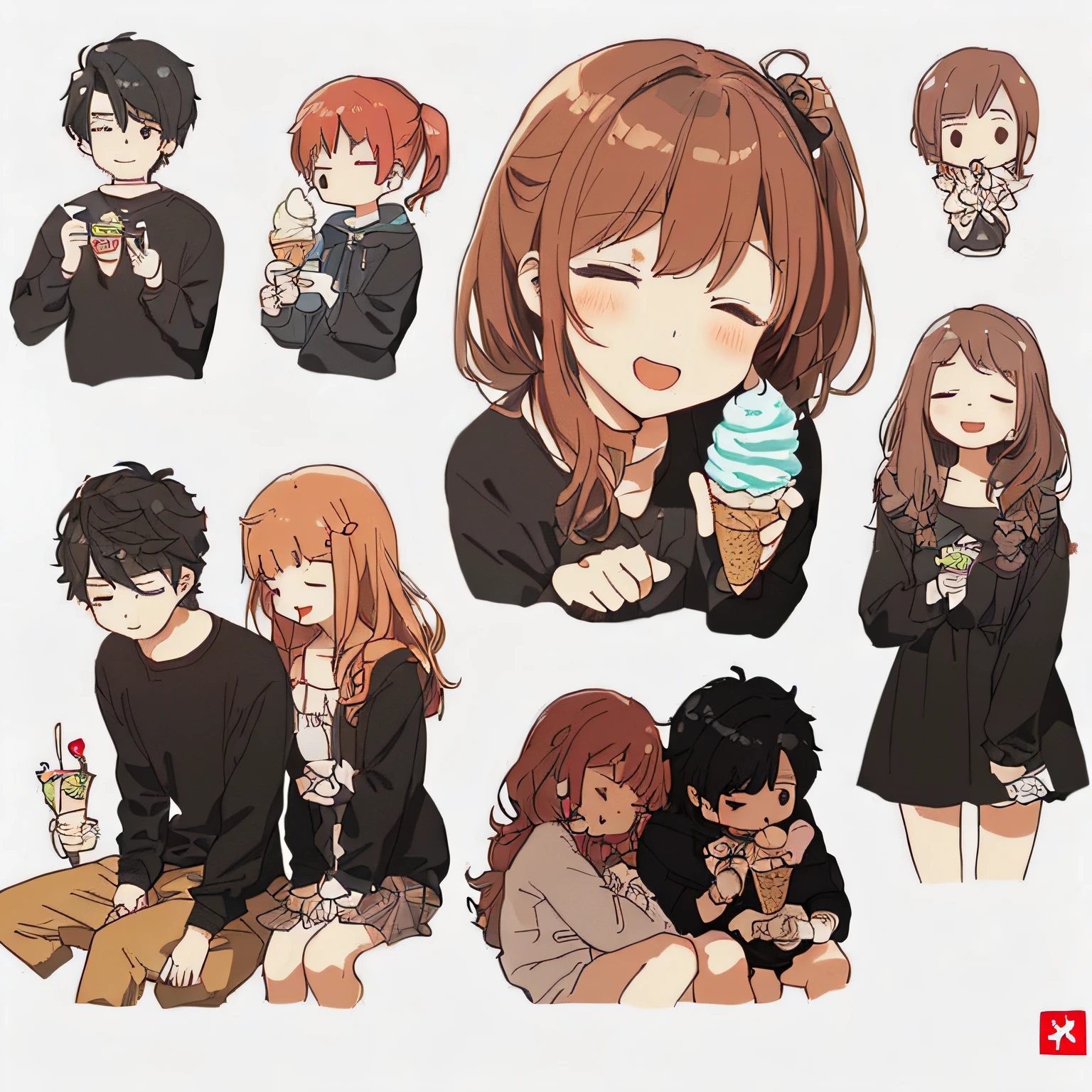 white background, character sheet, many angles, cute illustration, logo design, boy and girl, eating ice cream, sleeping, joy, fun, masterpiece, fun