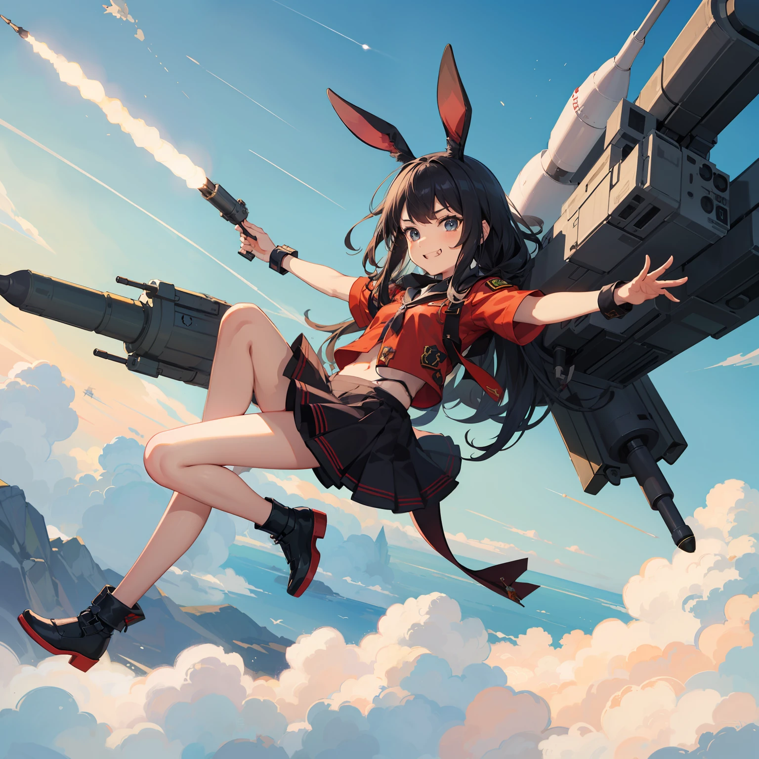Top Quality, (Cute:1.1), (Cute), (High Resolution:1.2), Incredibly Ridiculous:1.3, Incredibly Fine Illustrations
break
(Loli:1.1), 1 Girl, Solo, (Military Uniform), Rabbit Ears, Grinning, Flying, (Combat:1.2), (Dynamic Angle), (Missile Launcher:1.4), Shot,
break
(Fantasy World:1.4), Ruins, Dynamic Effects