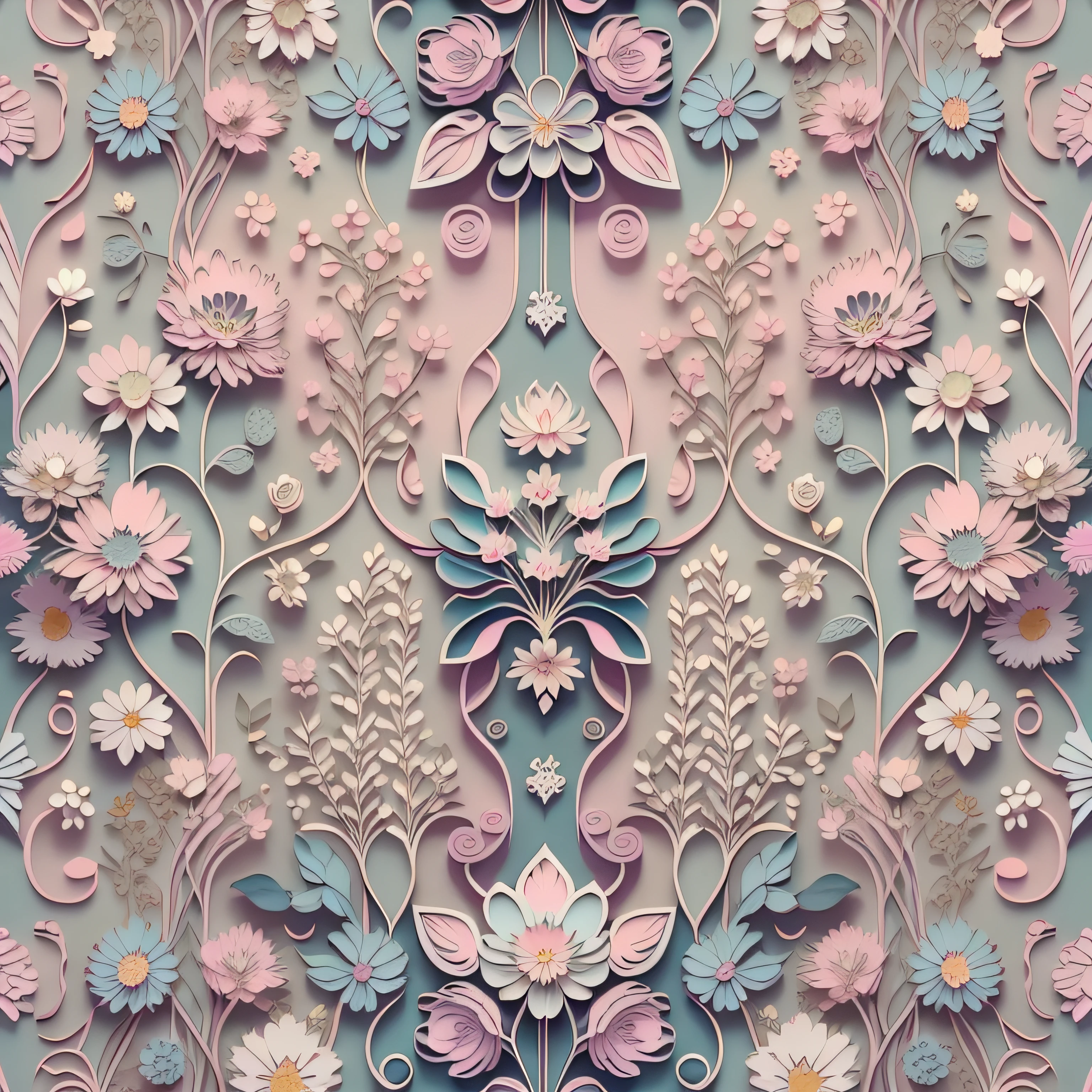 Flat style wallpaper, vector style floral vine pattern with pastel color tones including old pink, pastel blue, light blue, beige, soft purple, soft yellow and white without obvious shadows.