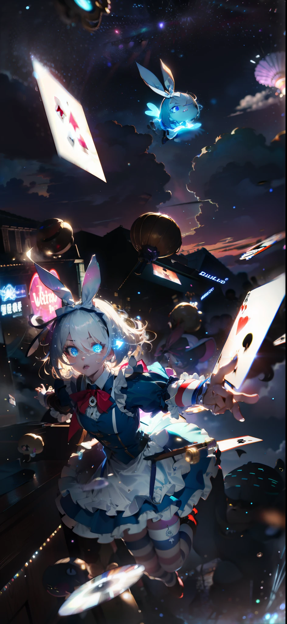 (Beautiful Detailed Eyes), Movie Lighting, White Hair, Blue Eyes, Long Blonde Hair, Curly Hair, Roman Curls, Puff Sleeves, Frills, Glowing Eyes, (Illuminated Particles), Cloudy Wrapper, Alice in Wonderland, Blue Eyes, Light Blue Dress, Cane, Dramatic Composition, Extreme Detail, High Resolution, Mr. Rabbit, White Rabbit, Pocket Watch, Playing Cards Flying in the Air, ta Dress, Blue and White Striped Stockings, Bow, Look at the Camera, Socks with Frills, Pearl Necklace, Lace Gloves, Large Bow Headdress, Ribbon, Jumping, falling, levitating, cloudy, starry, dreamy