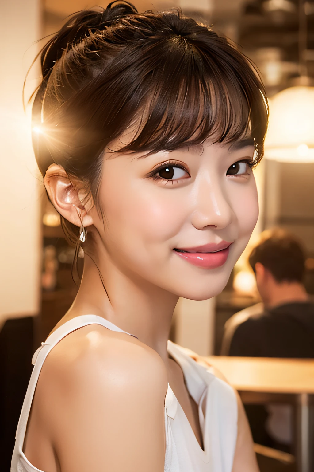Smiling, white tank top, café