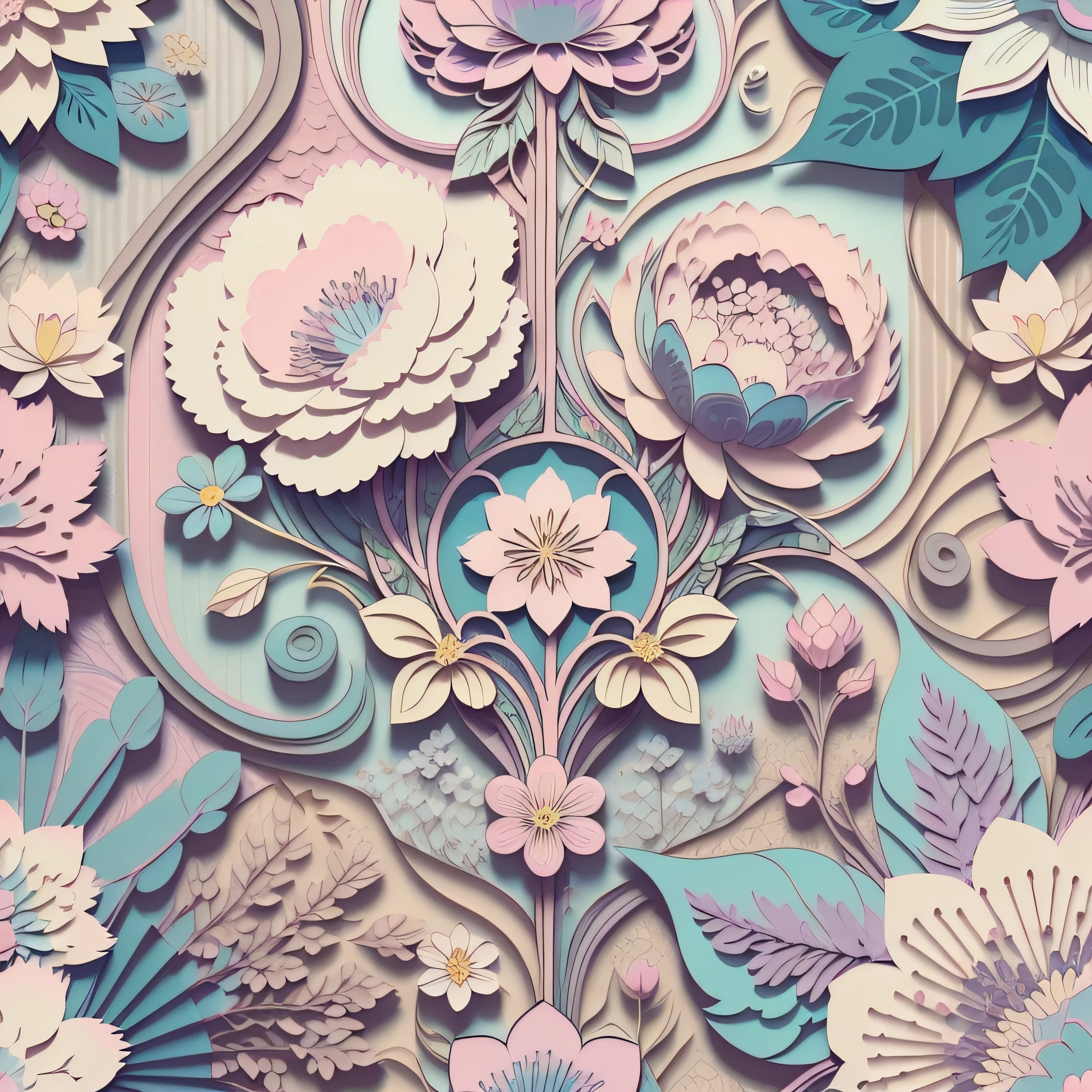 Flat style wallpaper, vector style floral vine pattern with pastel color tones including old pink, pastel blue, light blue, beige, soft purple, soft yellow and white without obvious shadows.