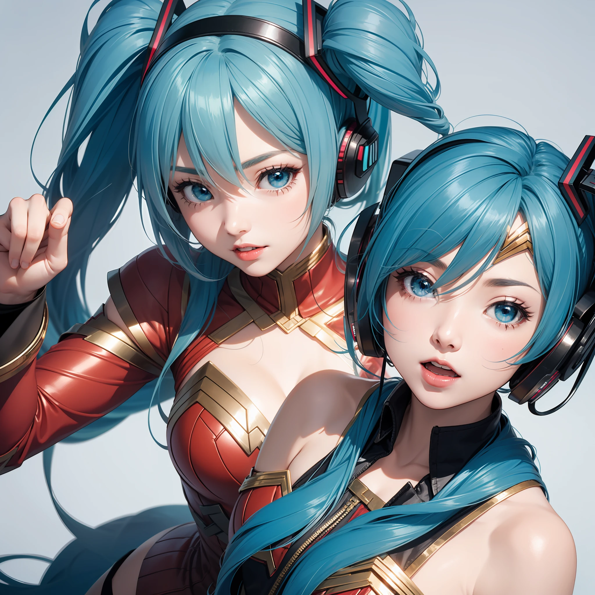 Hatsune miku, with Wonder Woman cosplay, vocaloid, blue hair, blue eyes, red lips, dynamic pose, miku