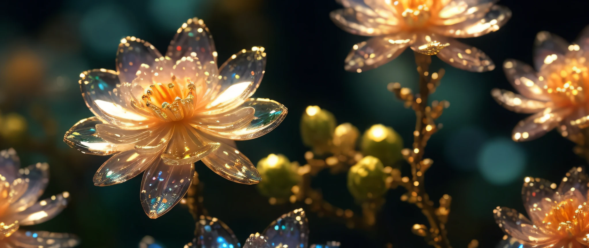 crystal spring blossom, fantasy, galaxy, transparent, shimmering, sparkling, splendid, colorful, magical photography, dramatic lighting, photo realism, ultra-detailed, 4k, Depth of field, High-resolution