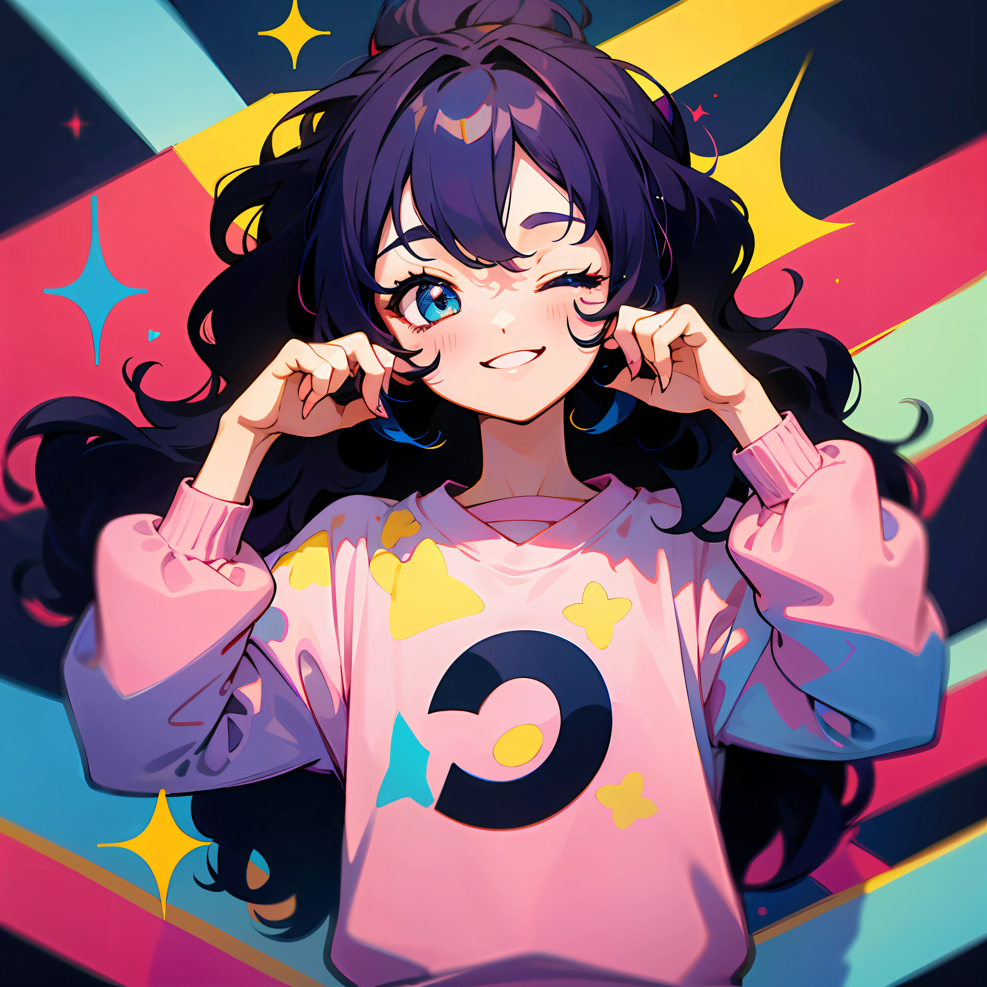girl, colorful hair, wavy hair, anime style, digital art, happy, eyes lightly closed, hands up, light pink sweatshirt with Neymar Jr print, --auto