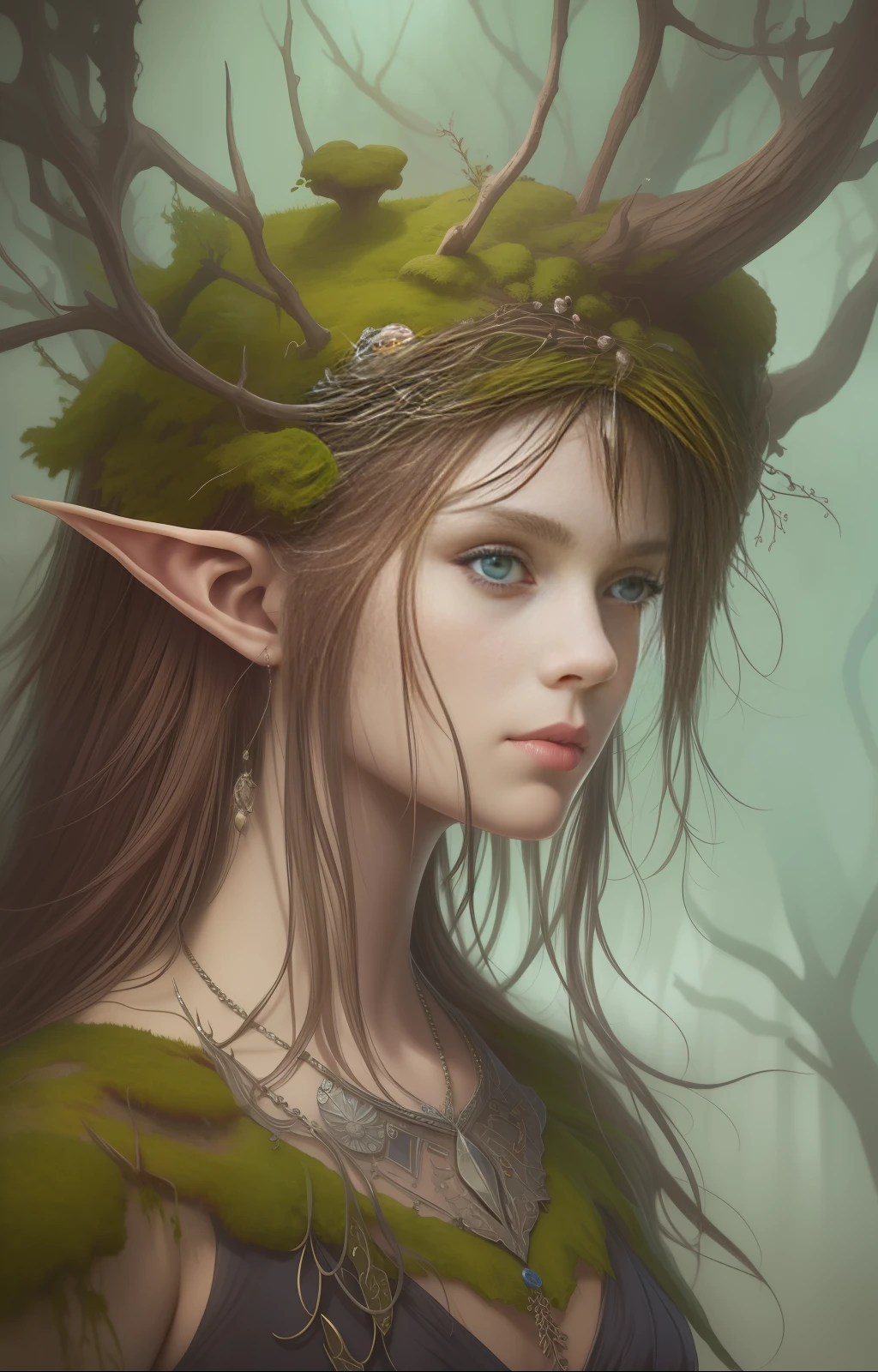 Closeup of a Surreal moss Elf with pointy ears in the styles of Ernst Haeckel, Arthur Rackham, Roger Dean, Jeff Wall, by Wolfgang Tillmans, Brooke Shaden $etching drawing illustration$ resin
detailed matte painting, deep color, fantastical, intricate detail, splash screen, complementary colors, fantasy concept art, 8k resolution trending on Artstation Unreal Engine 5