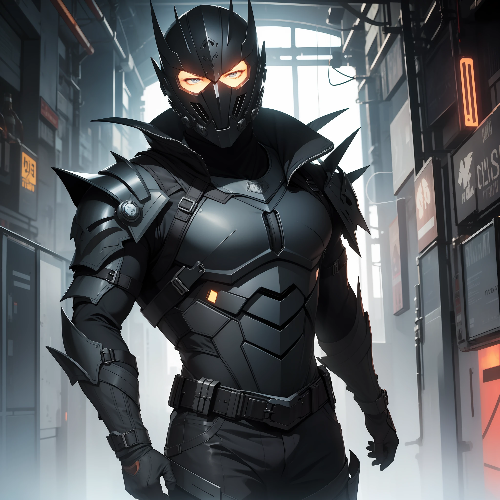 solo male, black armor, bald, grey eyes, muscular, science fiction, mask, covered face
