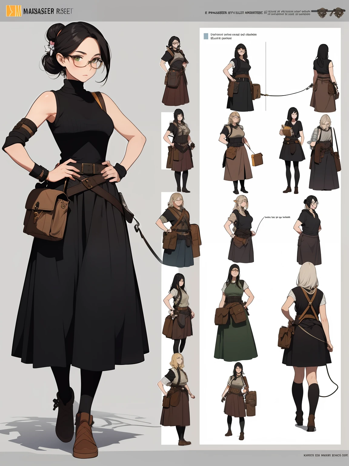 ((masterpiece)),(((best quality))),(character design sheet, same character, front, side, back), elven woman, glasses, black hair in bun, bows, lace, sleeveless cable-knit sweater with tank top underneath, long colorful skirt, long skirt, satchels, pouches on waist, harness, tool belt, tools, armor, armour, corset, cable knit