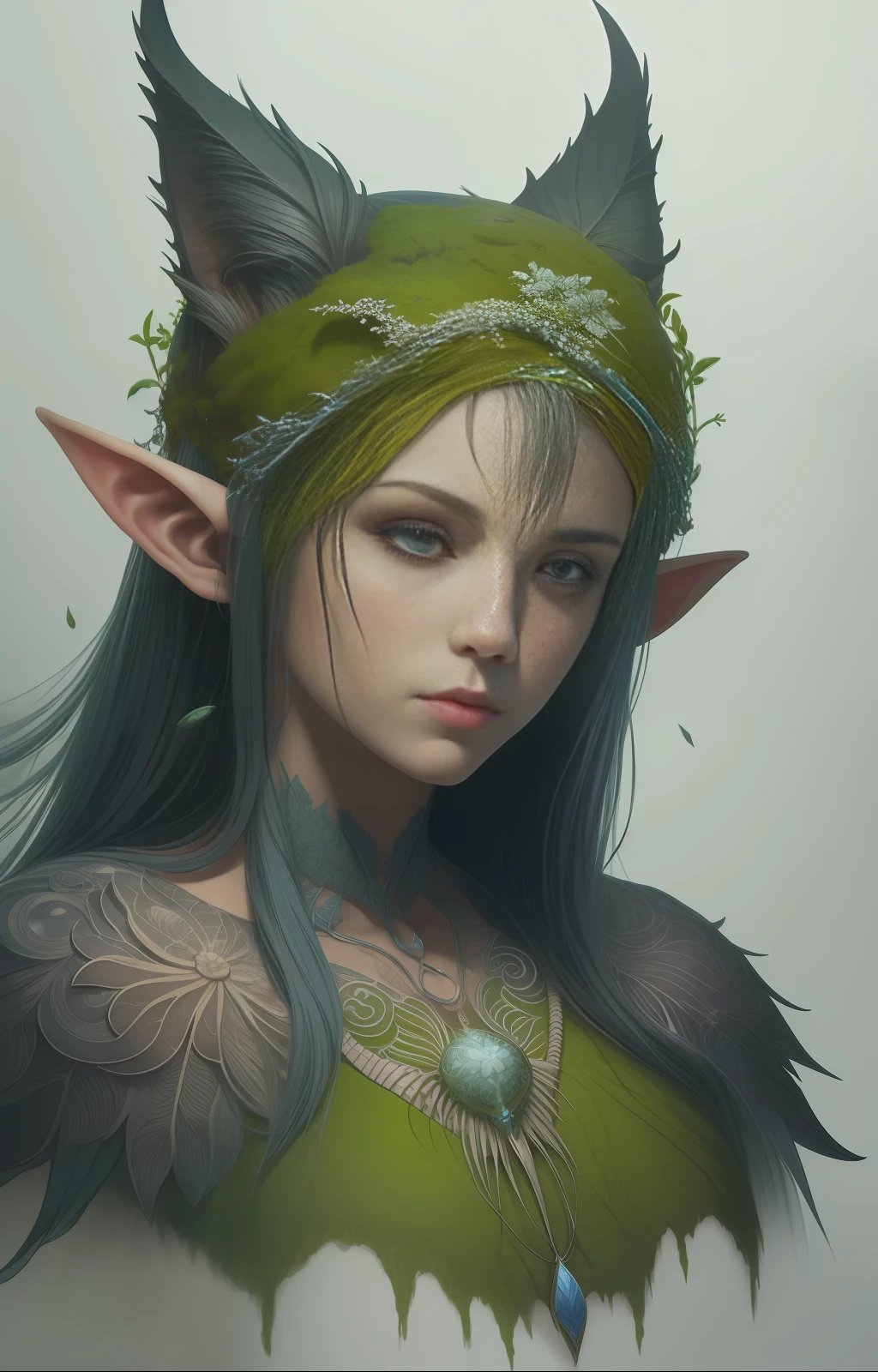 Closeup of a Surreal moss Elf with pointy ears in the styles of Ernst Haeckel, Arthur Rackham, Roger Dean, Jeff Wall, by Wolfgang Tillmans, Brooke Shaden $etching drawing illustration$ resin
detailed matte painting, deep color, fantastical, intricate detail, splash screen, complementary colors, fantasy concept art, 8k resolution trending on Artstation Unreal Engine 5