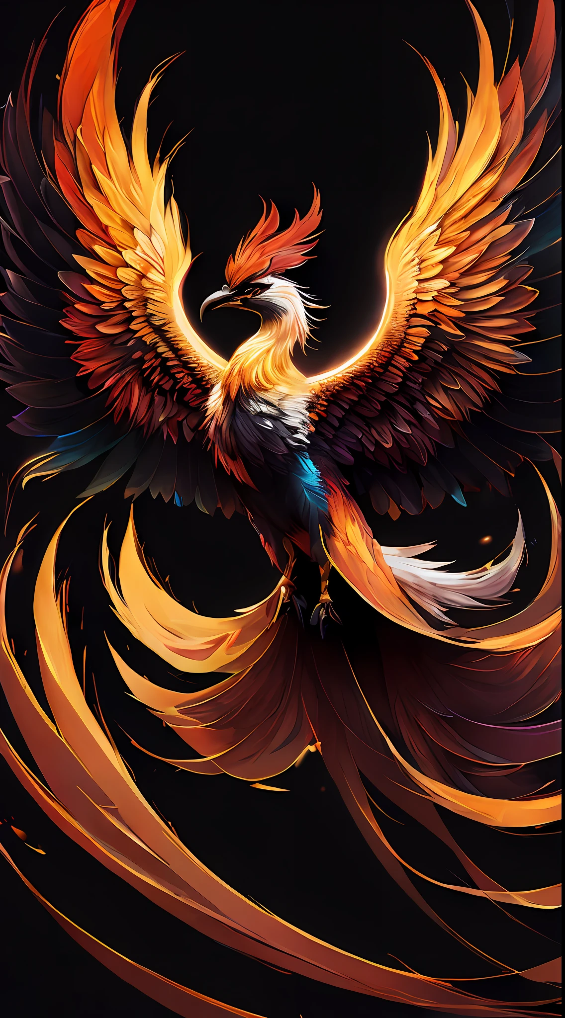 intricate and colorful, (digital painting:1.2) of phoenix firebird, (black background), by Artgerm, concept art, octane render, trending on artstation, iolibt, vfx, Blender and Photoshop, octane render, excellent composition, cinematic atmosphere, dynamic dramatic cinematic lighting, aesthetic, very inspirational, arthouse