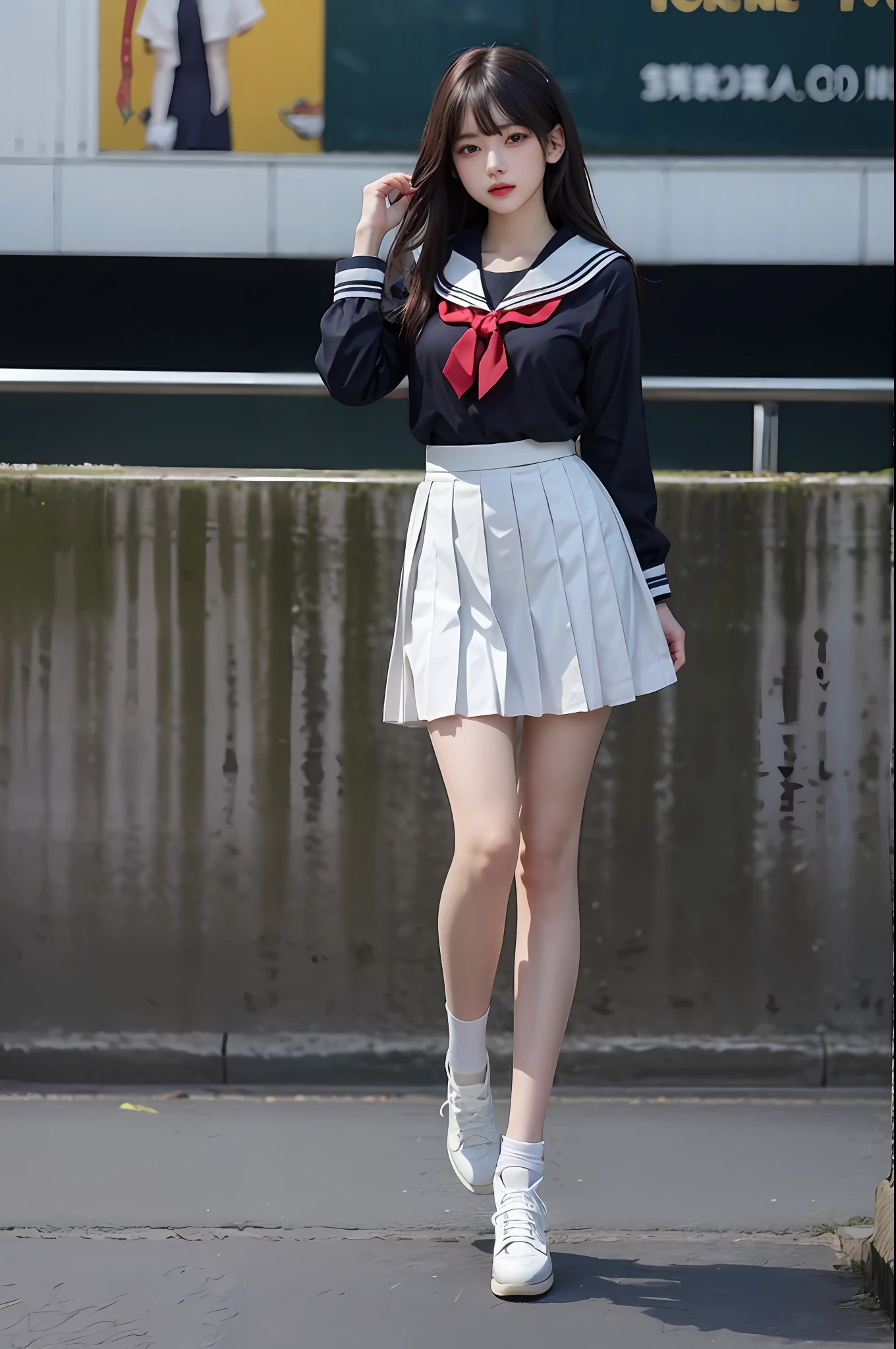 (8k, best quality, masterpiece: 1.2), (realistic, realistic, photorealistic: 1.37), 2 girls, hyper detail, beautiful detail eyes, beautiful detail nose, (((2girl))), sailor suit, pleated skirt, full body photo, shoes, walking posture, road