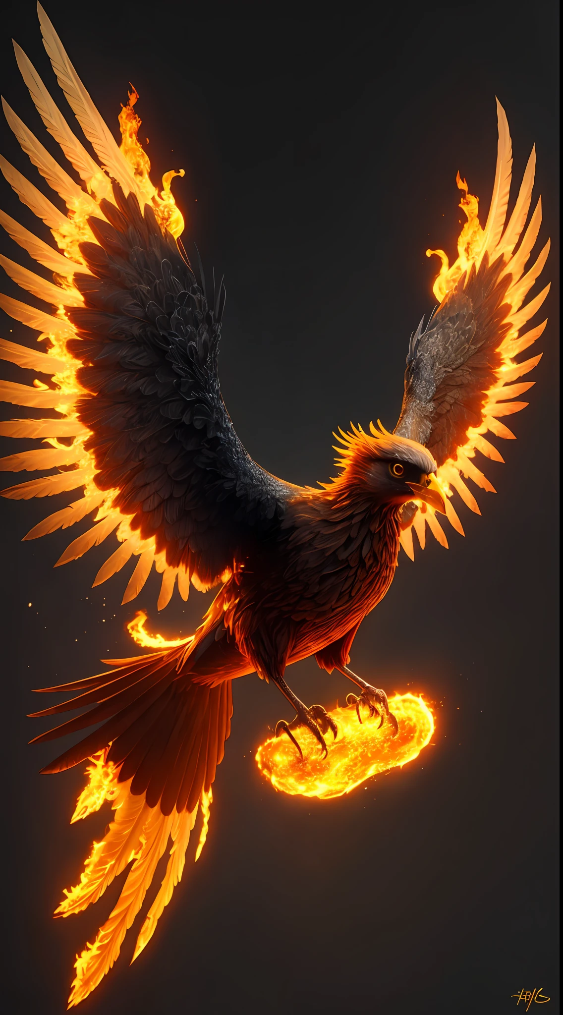 phoenix, masterpiece, best quality, solo, full body, yellow eyes, wings, no humans, glowing, bird, fire, animal focus, beak, hyper detailed, insanely detailed