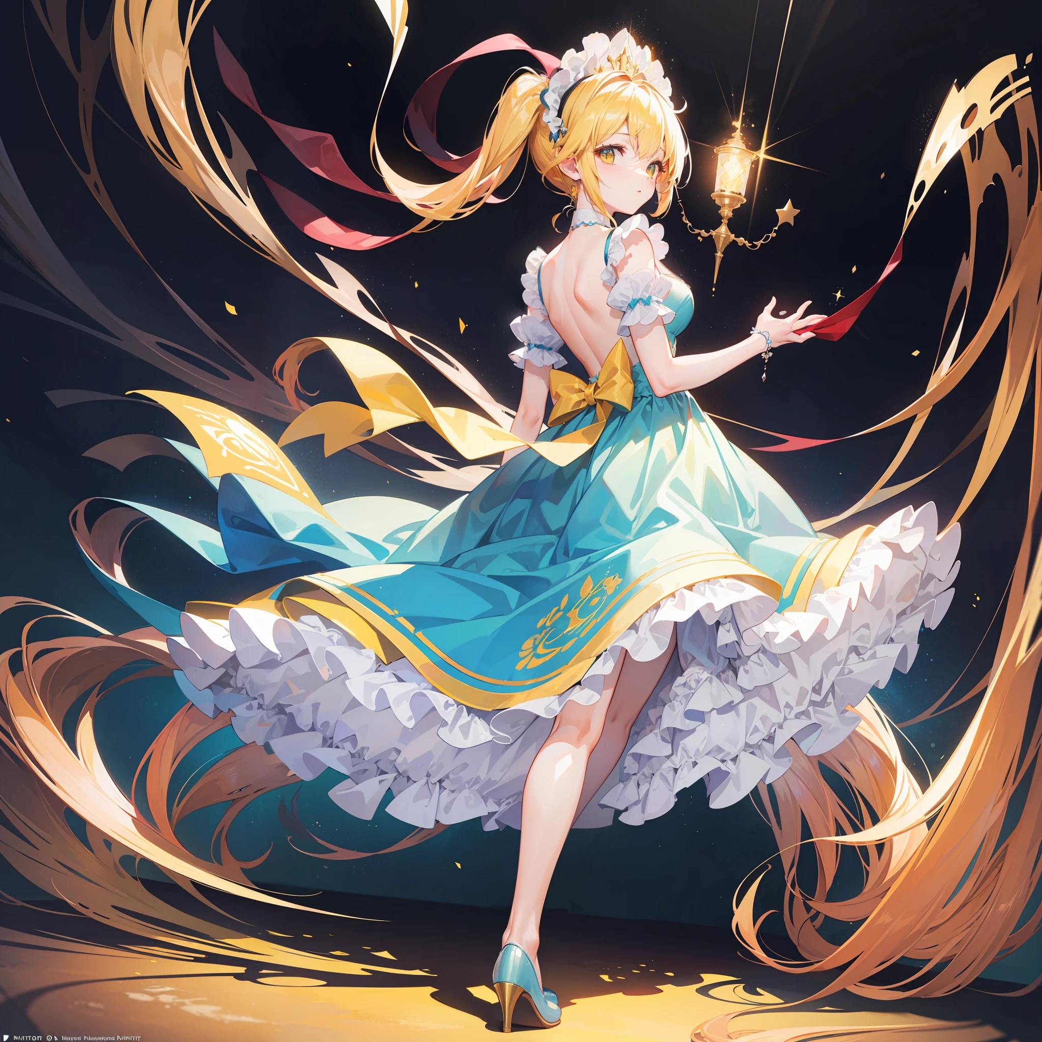 Masterpiece, best quality, (very detailed CG Unity 8k wallpaper) (best quality), (best illustration), (best shadow) (full body picture), double ponytail girl, light blue princess dress, big bow back ornament, yellow tunic, top hat headdress, yellow haired girl, cute, cute