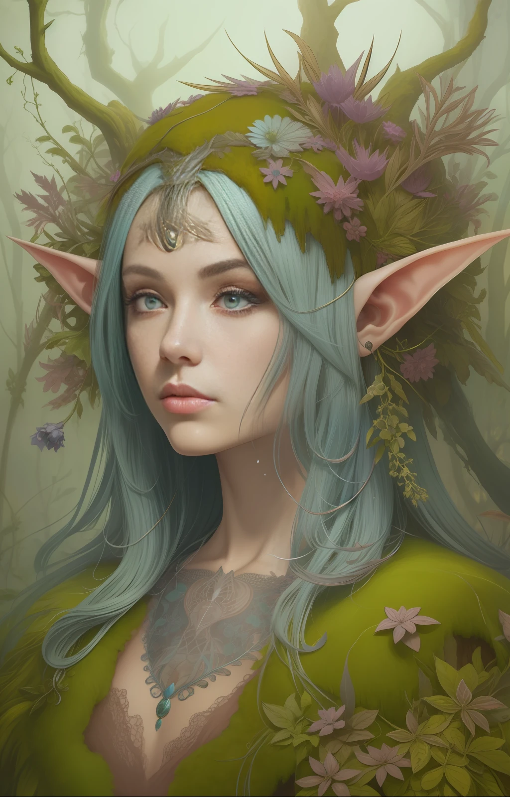Closeup of a Surreal moss Elf with pointy ears in the styles of Ernst Haeckel, Arthur Rackham, Roger Dean, Jeff Wall, by Wolfgang Tillmans, Brooke Shaden $etching drawing illustration$ resin
detailed matte painting, deep color, fantastical, intricate detail, splash screen, complementary colors, fantasy concept art, 8k resolution trending on Artstation Unreal Engine 5