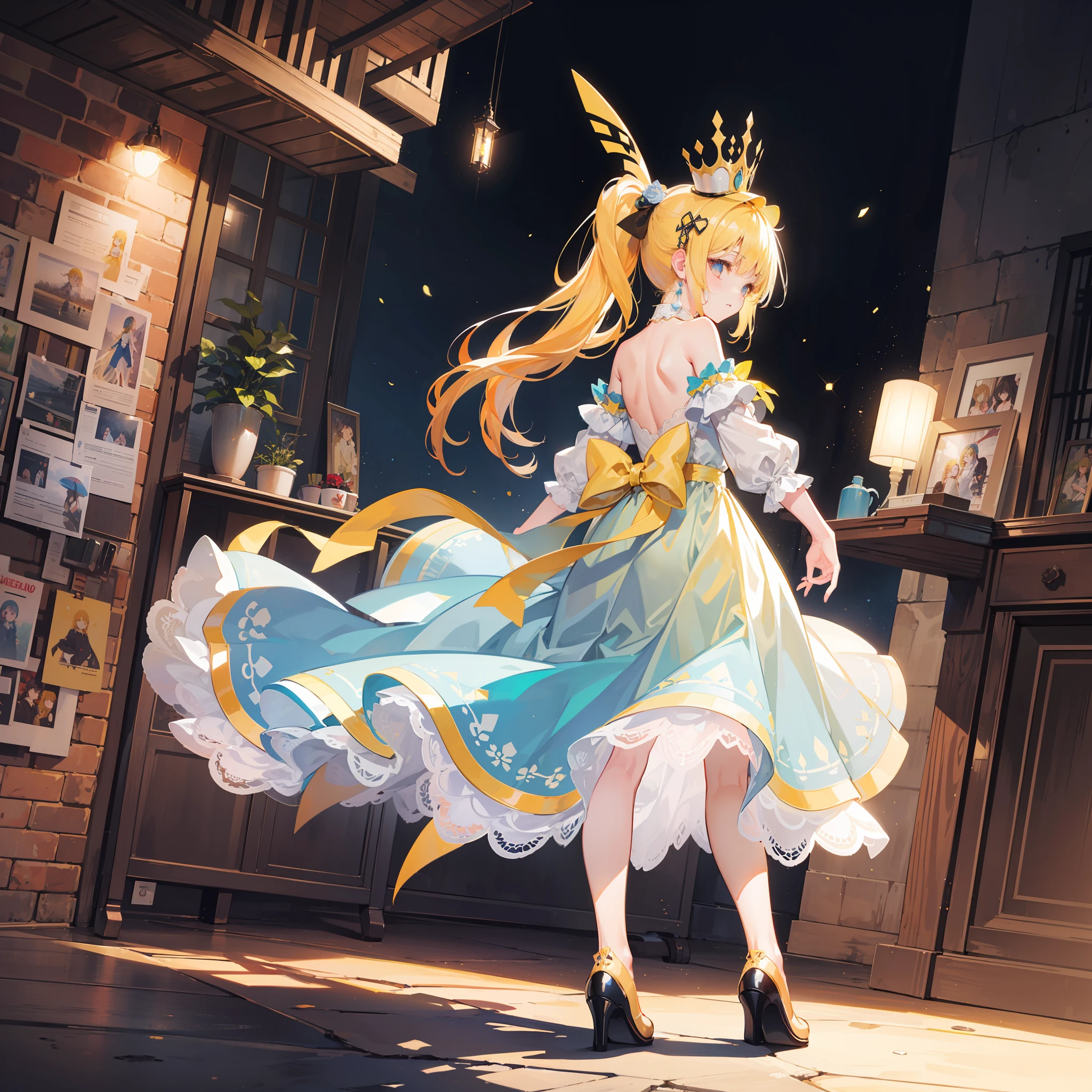 Masterpiece, best quality, (very detailed CG Unity 8k wallpaper) (best quality), (best illustration), (best shadow) (full body picture), double ponytail girl, light blue princess dress, big bow back ornament, yellow tunic, top hat headdress, yellow haired girl, cute, cute