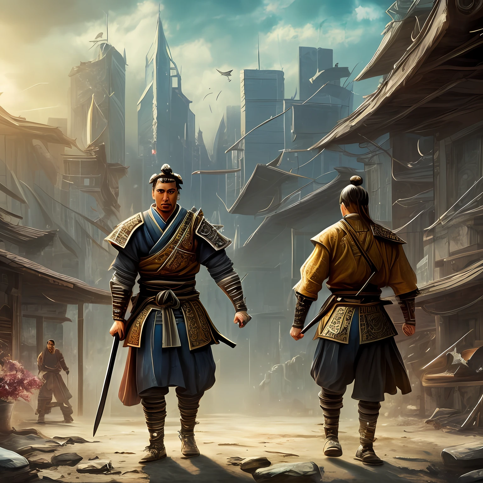 full-body standing samurai, frontal, A realistic cinematic scene of a 40-year-old, full-body male samurai standing in a place with an impressive radical landscape. (Wearing an elegant samurai outfit) atop his symmetrical biomechanical arms and intricately anatomically adapted biomechanical legs (graphene:1.1). Insanely detailed, elegant and ornate details of the symmetrical fractal body with cyanite gems. Tall manly body with a beautiful rectangular face, almond eyes, thin lips, short straight nose, straight black hair, without beard and with sideburns, (right hand holding a knife and left hand holding a fork), Scene captured with soft and bright natural light, dramatic shadings and beautiful vibrant colors. Romanticism art style. Image with 8k resolution with cyberpunk style, intricately symmetrical details. The scene has an indomitable heroic mood with the main presence of a full scene of a full-body man standing with fluid body movements and a confident expression. --auto