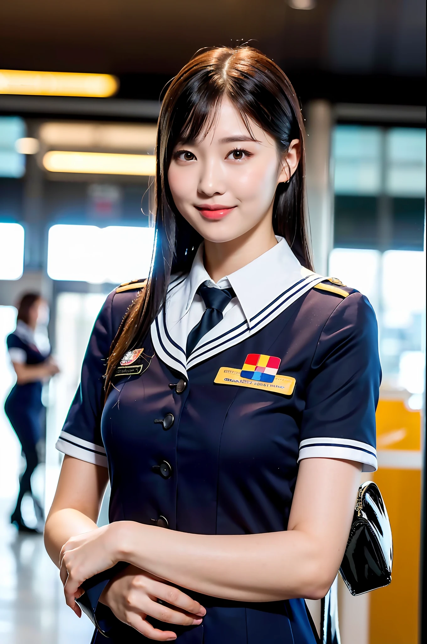 1 girl, (photorealistic, high resolution: 1.4), full body (8k, RAW photo, highest quality, masterpiece: 1.2), (realistic, photorealistic): 1.37), ((white skin: 1.2), (small: 1.2), viewer's gaze, (middle hair: 1.5), bangs, airplane, airport, standing in aisle, (simple background: 1.4), solo, upper body, real, (masterpiece: 1.4), ( Top Quality: 1.4), (Glossy Skin), Smile (Skinny, Mouth Closed, Shy: 1.3), (Stewardess Uniform, Necromancer: 1.1), Medium Bust,