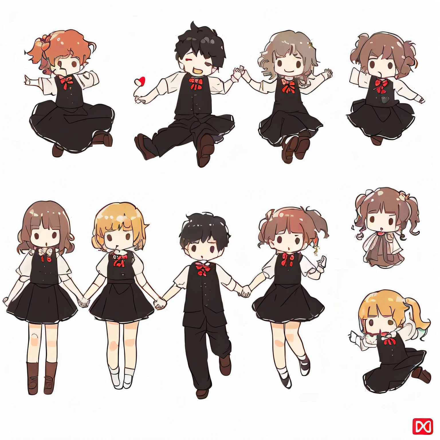 white background, character sheet, many angles, cute illustration, logo design, boy and girl, holding hands, jumping, sleeping, joy, fun, masterpiece, fun
