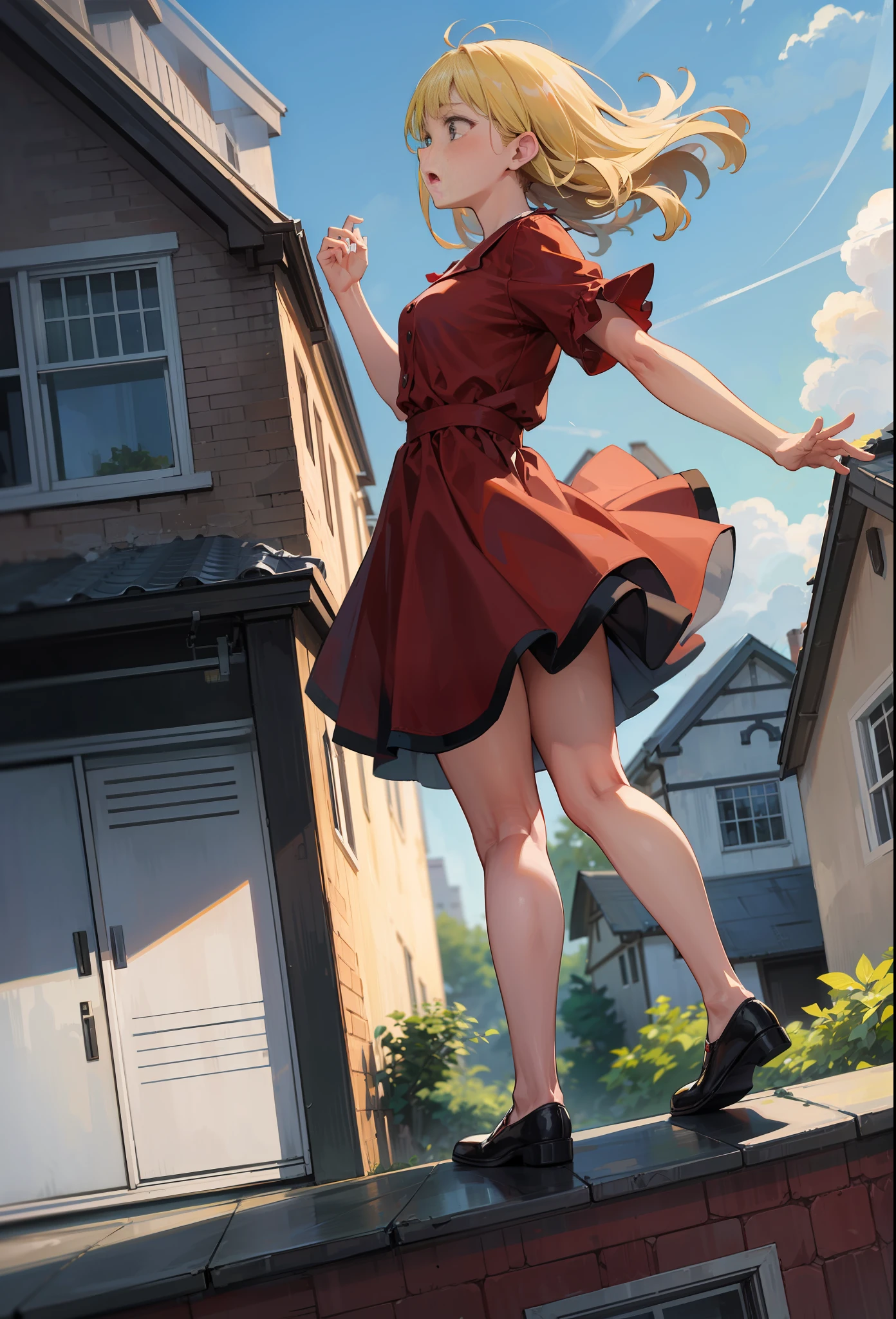 Blonde girl wearing simple red dress, jumping towards the roof of a house, in perspective seen from the side and at high speed with a worried face.