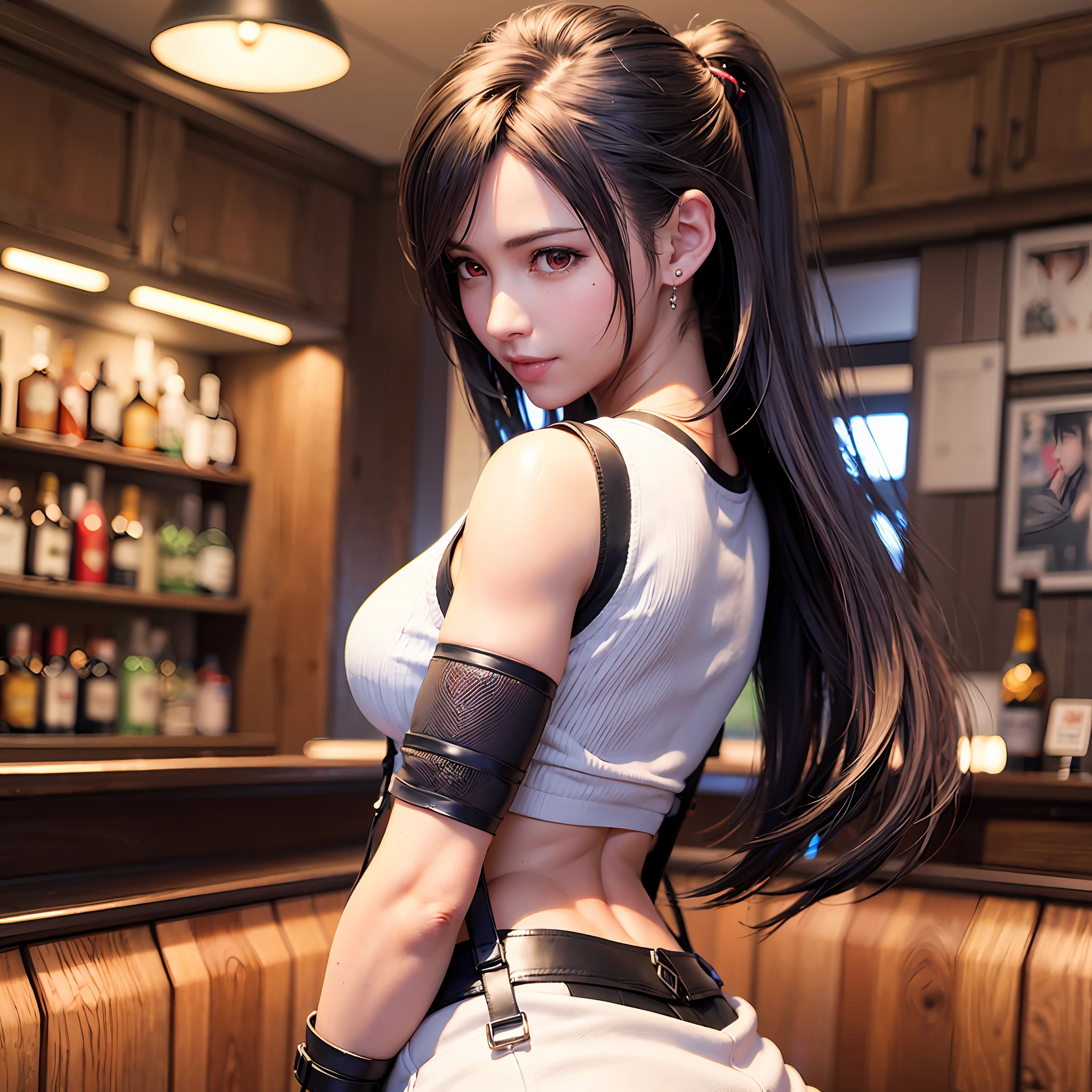8k,masterpiece, bset quality,big, (1 girl), tifa lockhart, red_eyes, black hair, long hair, shiny skin, shiny big, ((best quality)), crisp focus: 1.2, highly detailed face and skin texture, detailed eyes, perfect face, perfect body, art, cg, blur background, big with presence, (20yo, Mature cool and beautiful face), wearing ((suspender black skirt)),(( black elbow gloves, white taut shirt, thigh, white tank top, navel, blush)), jukebox, old bar, upper body, smile, professional light source, fluttering hair, from behind, random angle,