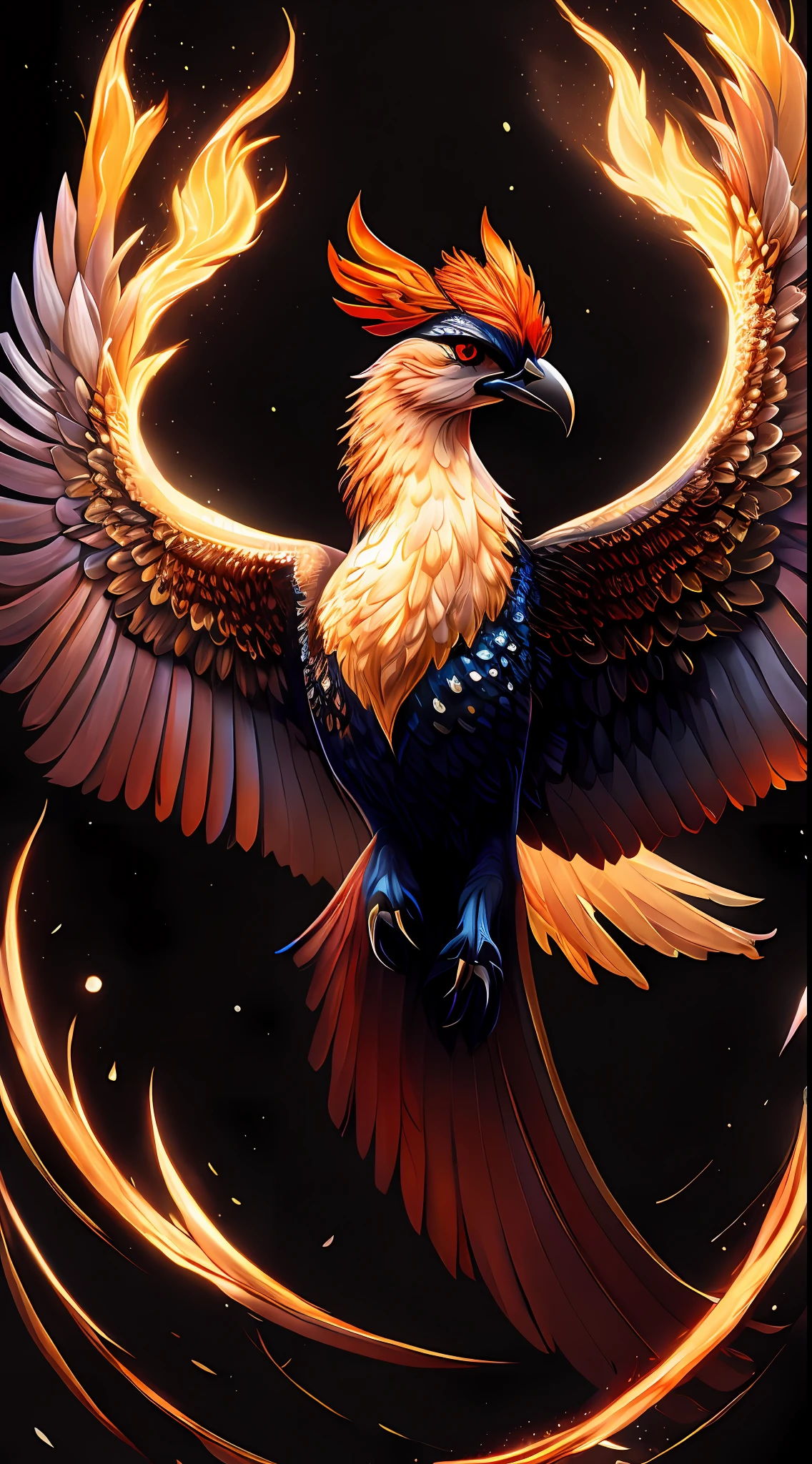 intricate and colorful, (digital painting:1.2) of phoenix firebird, (black background), by Artgerm, concept art, octane render, trending on artstation,  iolibt, vfx, Blender and Photoshop, octane render, excellent composition, cinematic atmosphere, dynamic dramatic cinematic lighting, aesthetic, very inspirational, arthouse