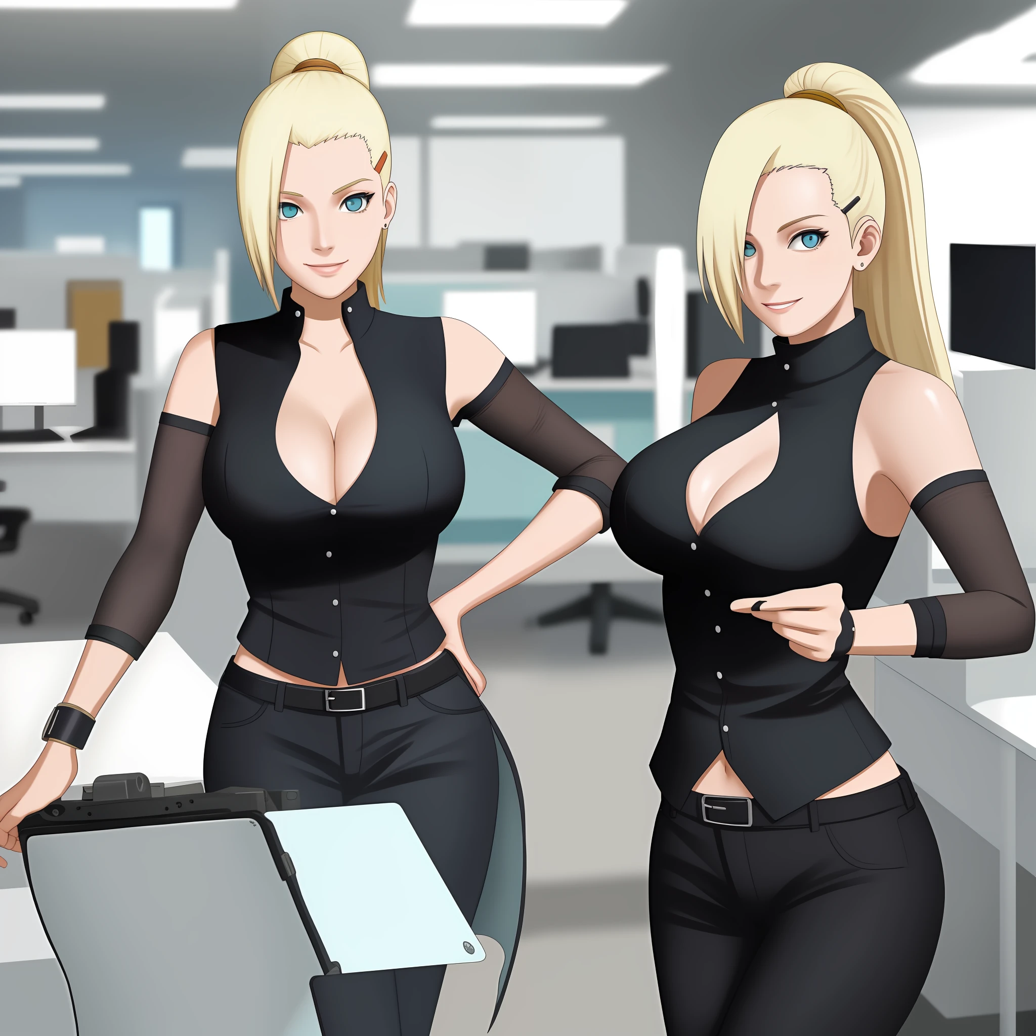 Ino working in a futuristic office , smiling , masterpiece , best quality , great details , erotic , HR , cleavage