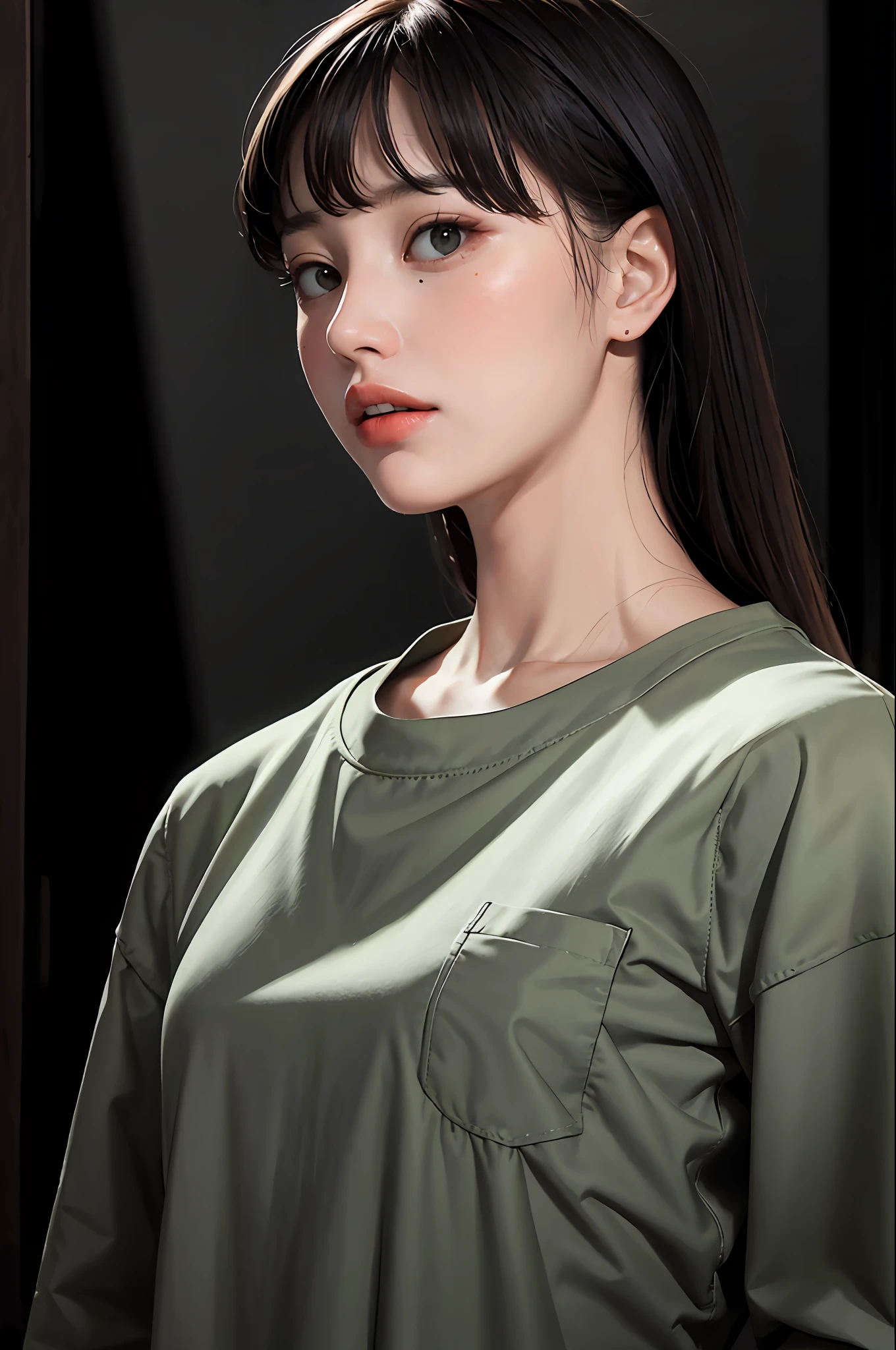 masterpiece, best quality, (dark photo:1.3), photorealistic, 1girl, flat bangs, stunning innocent symmetry face, shirt, emotional, ulzzang, (PureErosFace_V1:0.7)