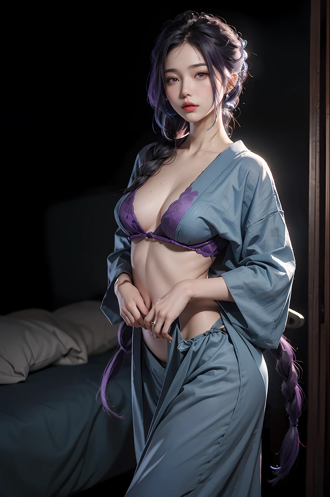 (RAW photo, 4k, masterpiece, high resolution, extremely complex) (Realistic: 1.4), film lighting, 1girl blue_hair braid braided_ponytail breasts collarbone cowboy_shot female_pubic_hair gradient_background japanese_clothes kimono large_breasts legs_together long_hair looking_at_viewer navel open_clothes open_kimono parted_lips pubic_hair purple_eyes purple_hair purple_kimono single_braid solo standing stomach undressing very_long_hair