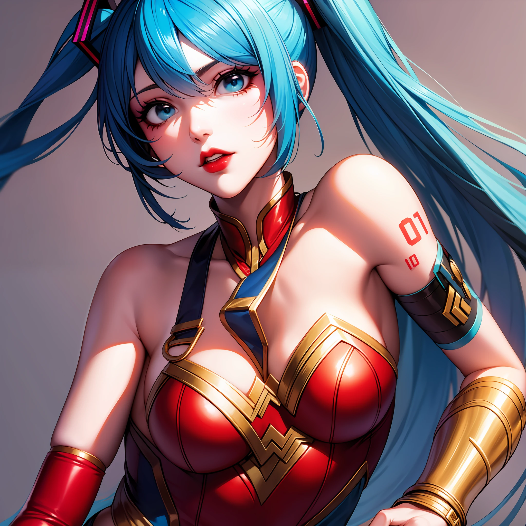 Hatsune miku, with Wonder Woman cosplay, vocaloid, blue hair, blue eyes, red lips, dynamic pose, miku