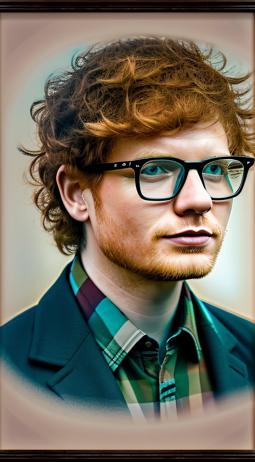 1man, very Ed Sheeran, fat a little, thick eyelids, deeply carved eyes, very narrow eyes, wearing glasses, black frame glasses, long sleeves, confident, passion, gentle, portrait, front look, 4k, high-res, best quality, illustration