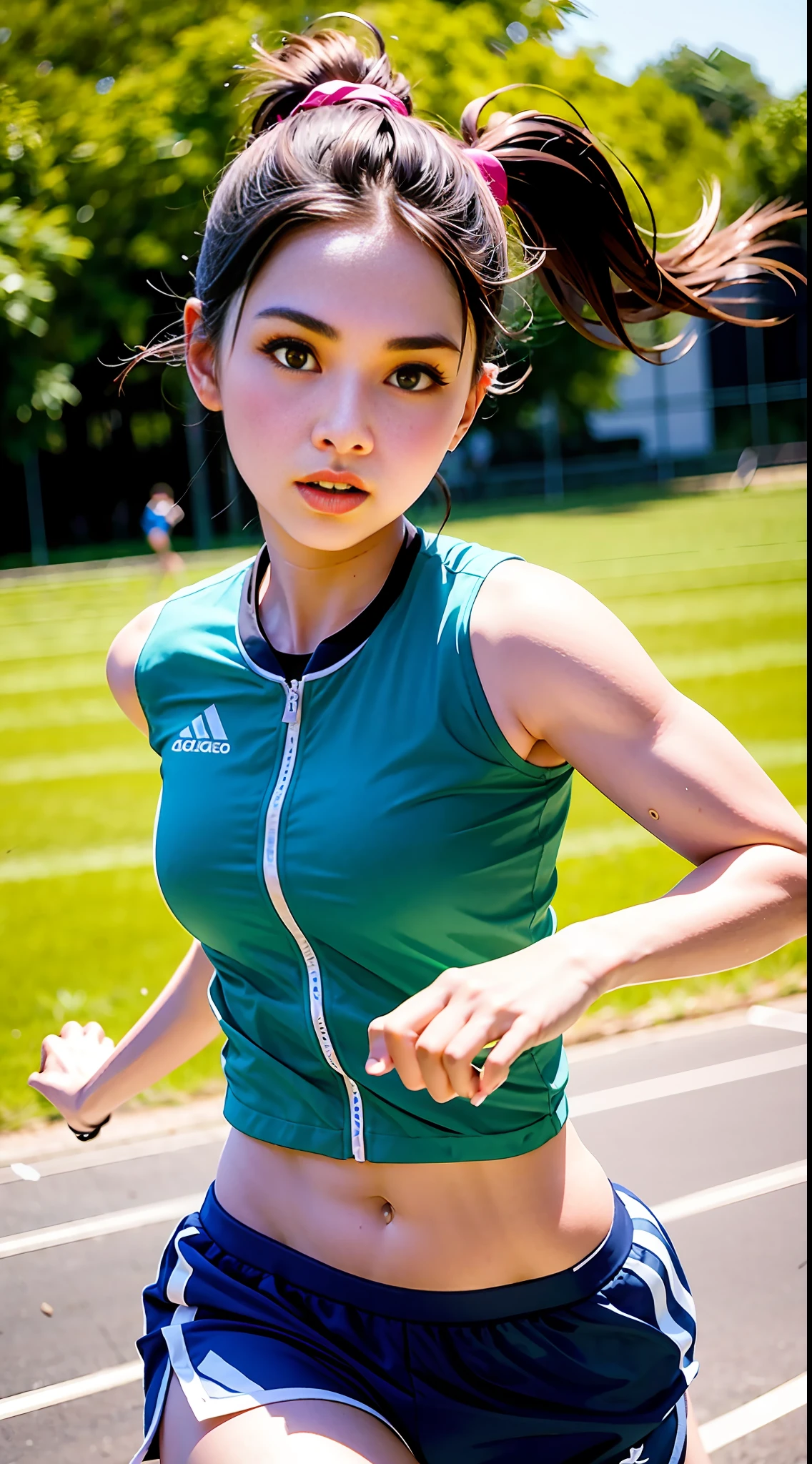 1 pakistani 20 year old girl, beautiful face, beautiful eyes, beautiful body, shorts, solo, running, Gray Track Top, pink shorts, ponytail, athletic build, dynamic brushstrokes, fluid movement, capturing the essence of her athleticism and energy, using light colors and soft tones to create a dreamy and ethereal atmosphere, portraying the motion and grace of running, showing the wind blowing her ponytail and clothes, and the scenery of her surroundings.
outdoors, detailed background, Modern metropolis,