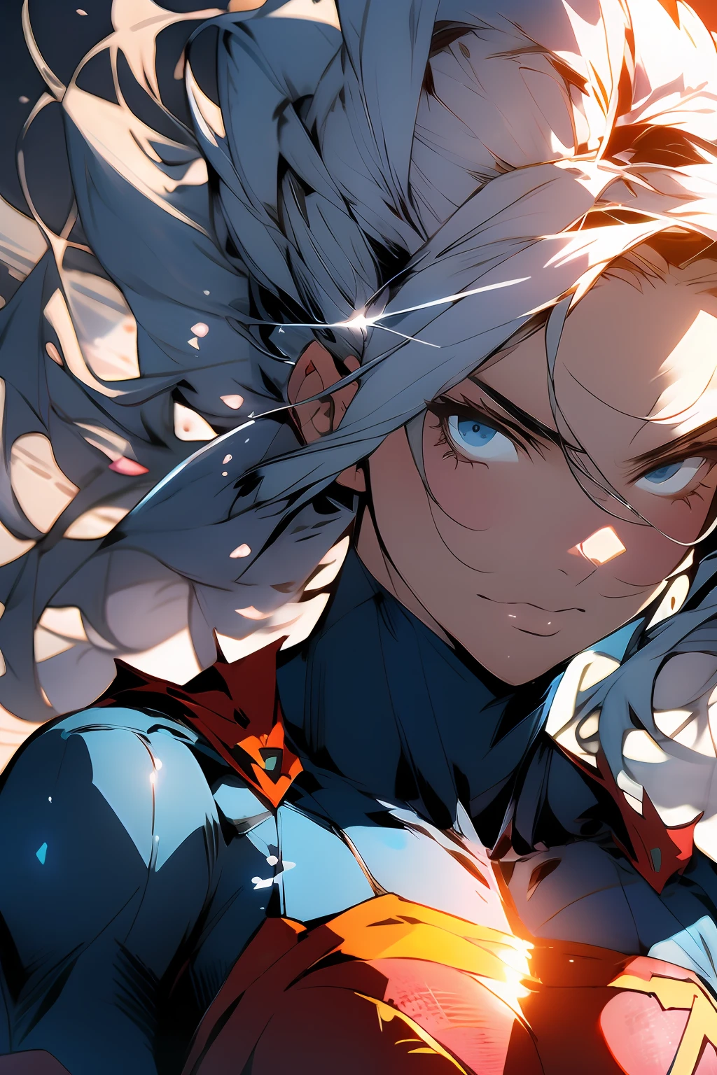 A close-up of Supergirl's face, showcasing her steely gaze and unwavering determination. Her hair gently floats in the wind, and her iconic symbol shines proudly on her chest.