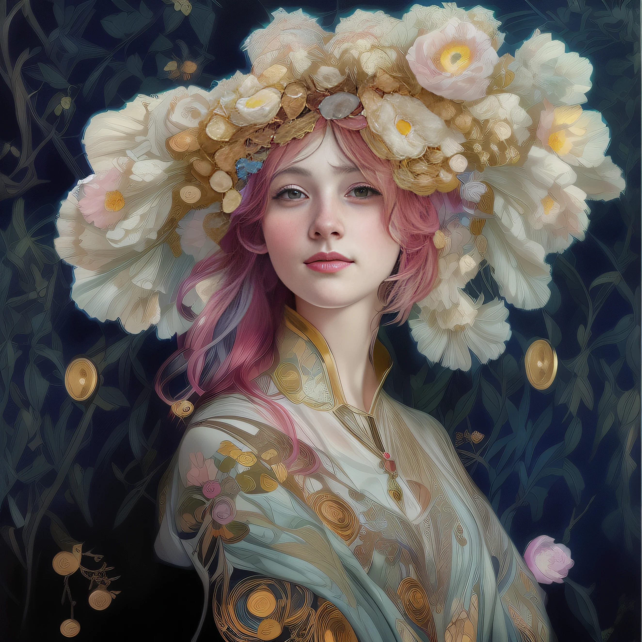 painting of a woman with pink hair wearing a large hat, beeple and alphonse mucha, mucha klimt and tom bagshaw, inspired by James C. Christensen, beautiful fantasy art portrait, hyperrealistic art nouveau, beautiful fantasy portrait, craig mullins alphonse mucha, in a high renaissance style, in a renaissance style, portrait of a beautiful goddess