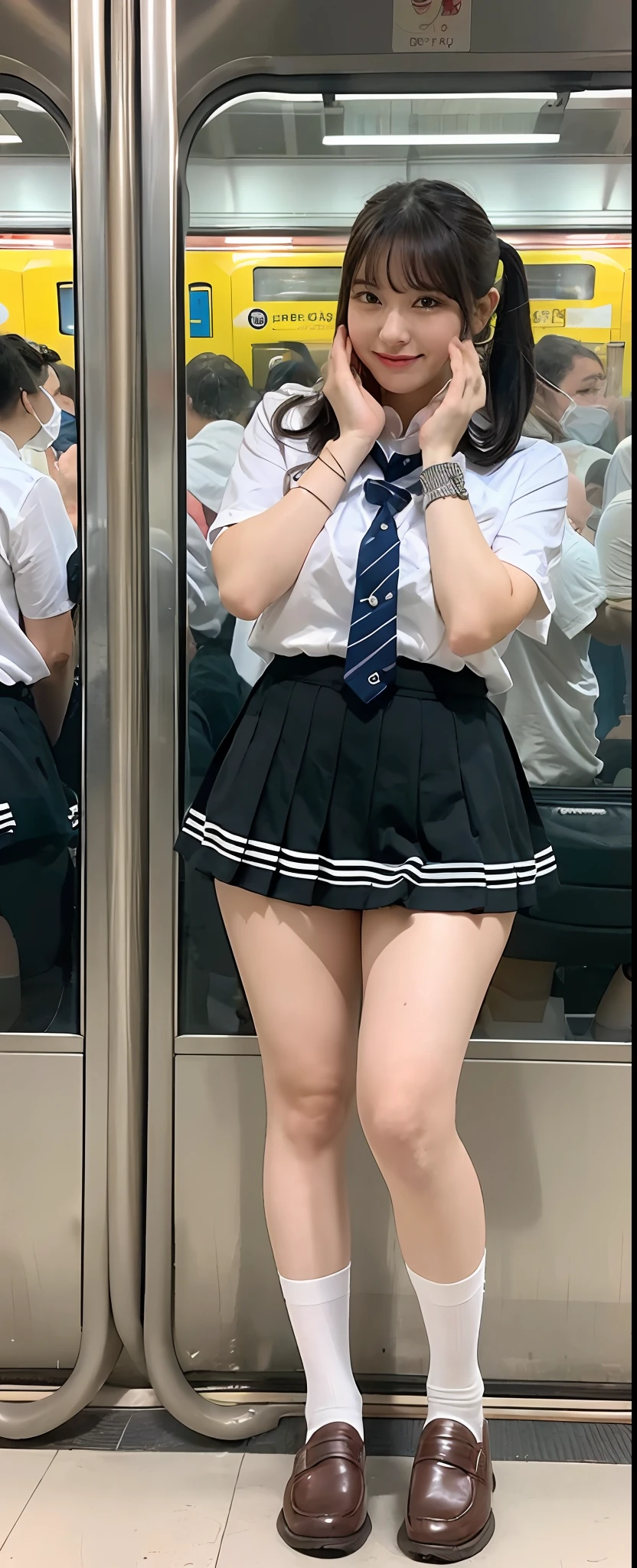 (8k, RAW photos, top quality, masterpiece: 1.2), ultra detailed, super resolution, (real, real photos: 1.37), portraits, high definition RAW color photos, professional photos, very detailed and beautiful, highly detailed, 8k wallpapers, amazing details, huge file size, official art, highly detailed CG Unity 8k wallpapers, highly detailed beautiful girls, highly detailed facesHighly detailed eyes, very detailed skin, very detailed fingers, very detailed nose, highly detailed detailed mouth, perfect anatomy, detailed background, detailed clothes, one girl, (20:1.2), 20s, cute girl, realistic body, white skin, glowing skin, handsome body, black hair, short hair, (dull bangs: 1.2), cute, youthful, cute face, realistic face, delicate eyes, sagging eyes, Looking at the camera, front-facing, (((super big: 1.32)), drooping, (very detailed white beautiful lace underwear), thick thighs, emphasis on kneecaps, hands on face, (very detailed white skin), twin tails, hair ornaments, ((super big: 1.41), breasts protruding from cloth, (chubby), plump, shiny, standing, legs closed, embarrassed face, excited face, (school uniform) , Japan schoolgirl, pleated skirt, ((black school socks: 1.3)), ((wearing brown loafers)), socks, (crowded train), full body, mini skirt, knee socks: 0.3, wristband 0.7