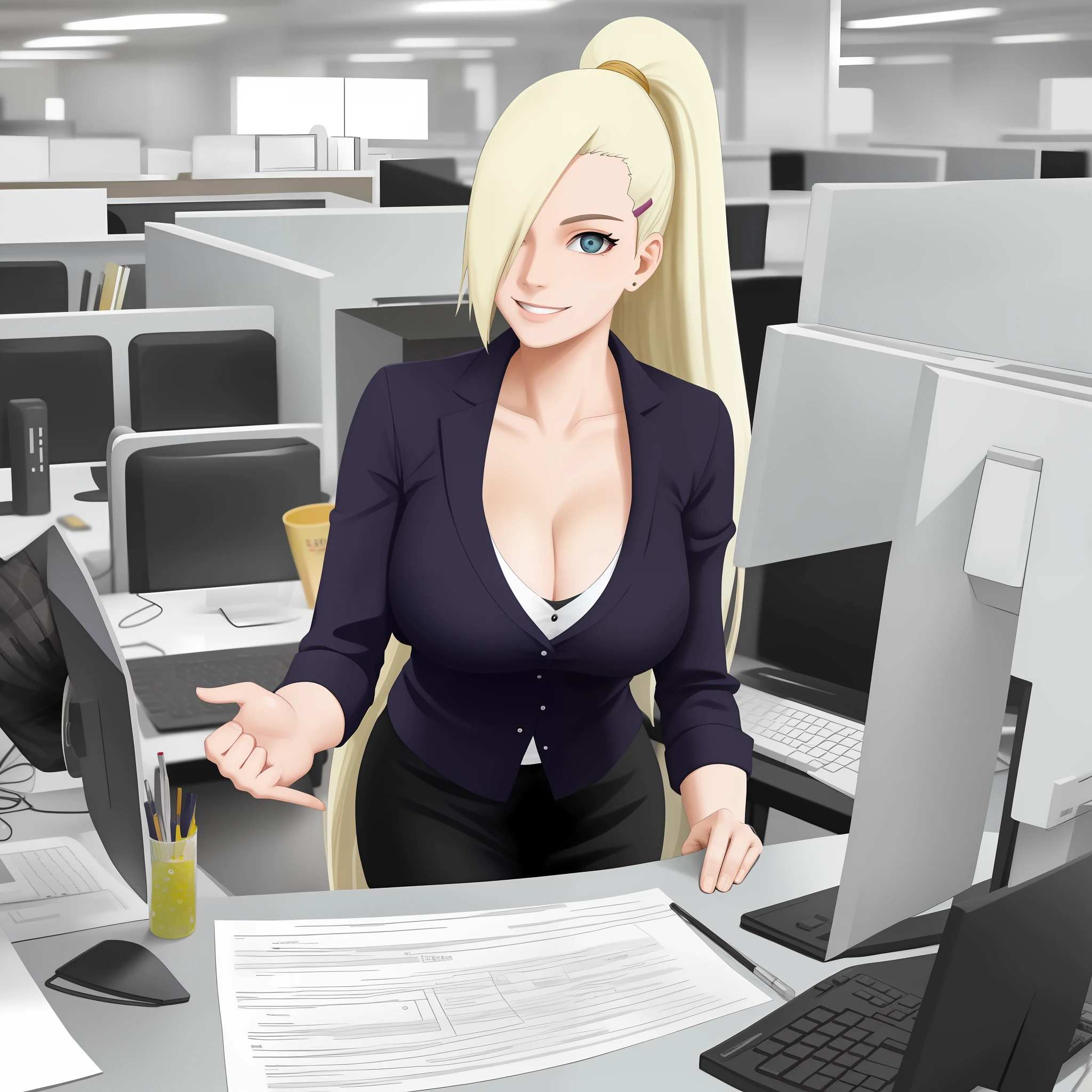 Ino working in an office , smiling , masterpiece , best quality , great details , erotic , HR , cleavage