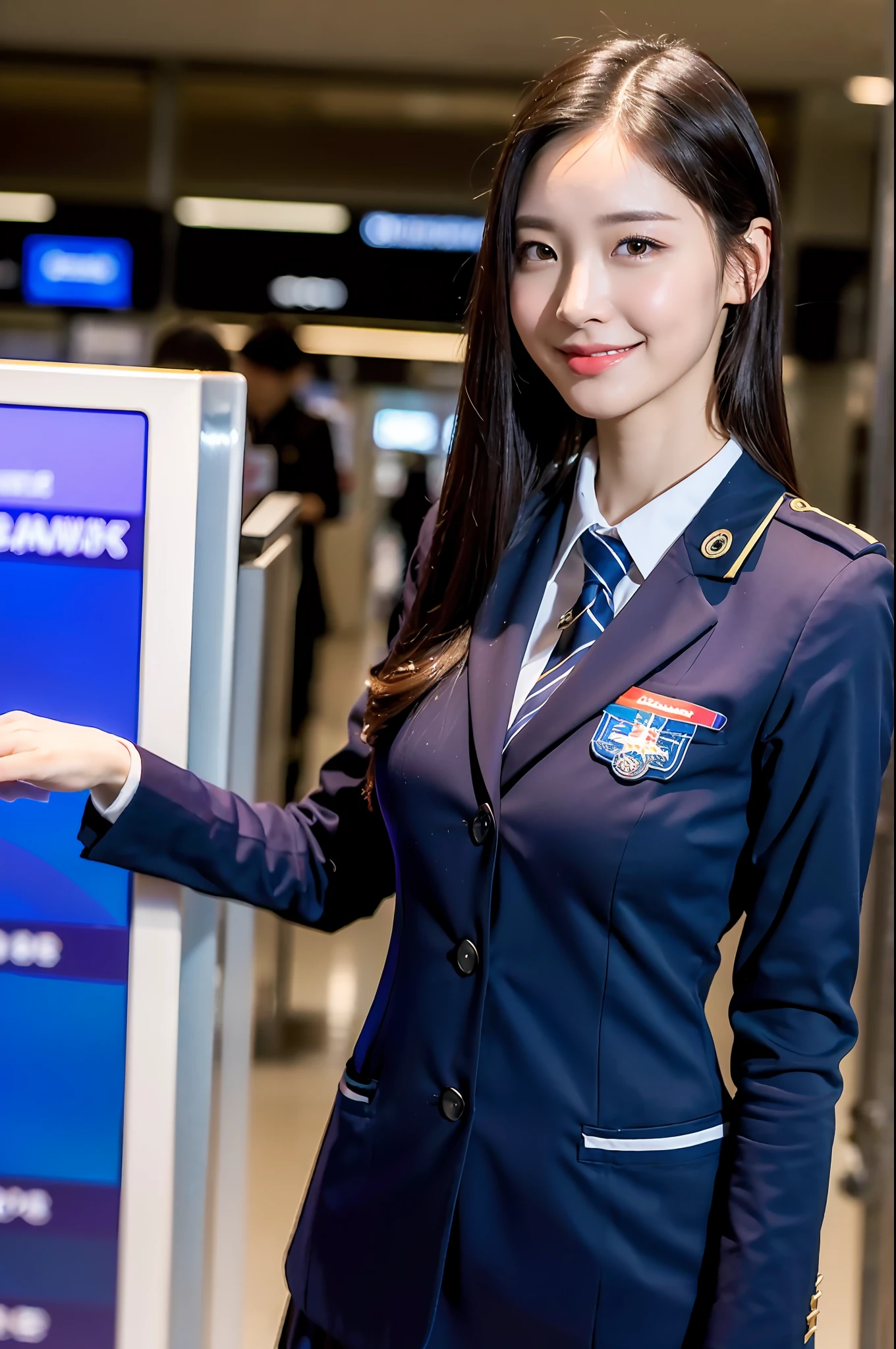 1 girl, (photorealistic, high resolution: 1.4), full body (8k, RAW photo, highest quality, masterpiece: 1.2), (realistic, photorealistic): 1.37), ((white skin: 1.2), big, viewer's gaze, (middle hair: 1.5), airplane, airport, standing, (simple background: 1.4), solo, upper body, realistic, (masterpiece: 1.4), (best quality: 1.4), ( shiny skin), smile (skinny, closed-mouthed, shy: 1.3), (stewardess uniform, necromancer: 1.1),
