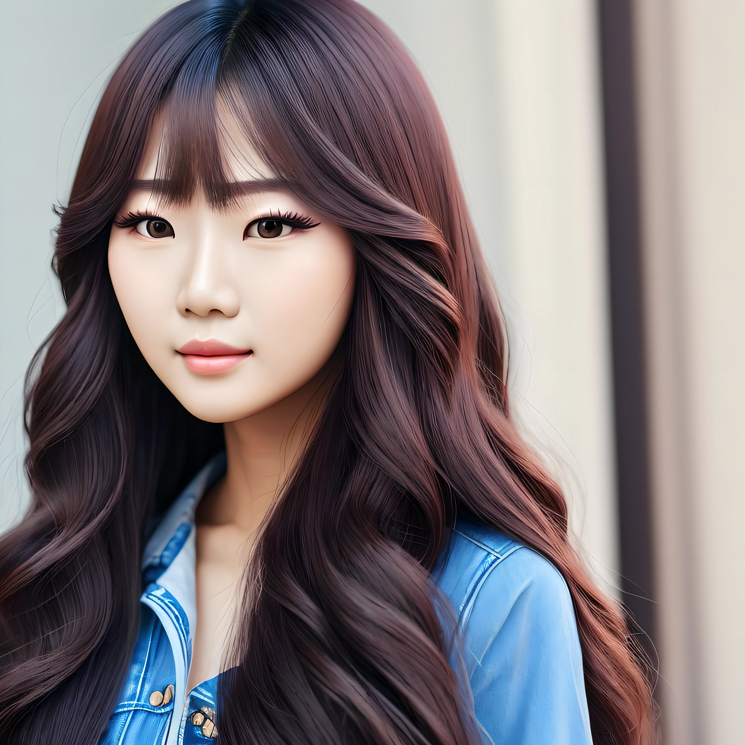 Young asian beauty woman curly long hair with korean makeup style on face and perfect clean skin on isolated blue --auto
