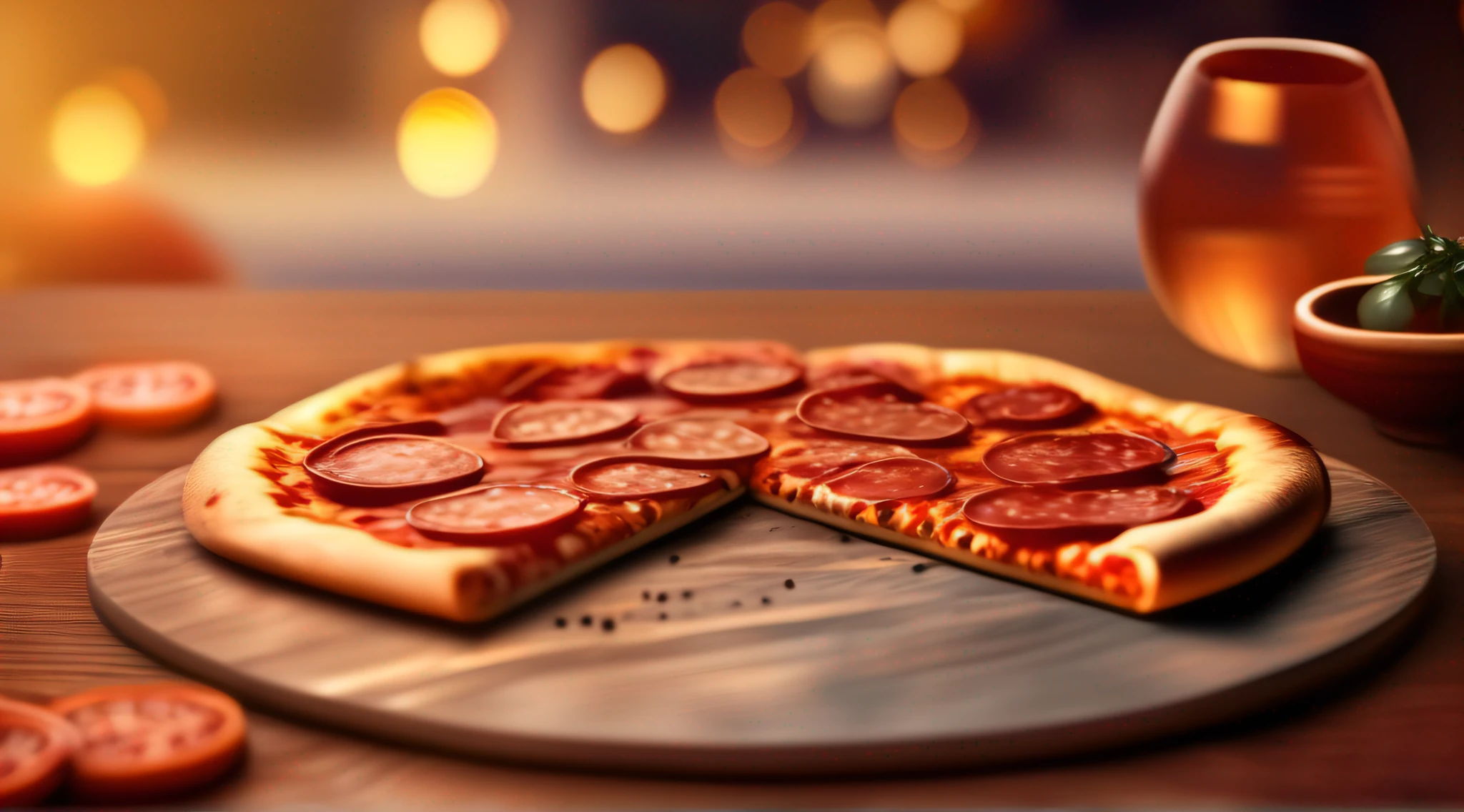 realistic photo, portrait, pepperoni pizza, beautiful brown table, bokeh background,
