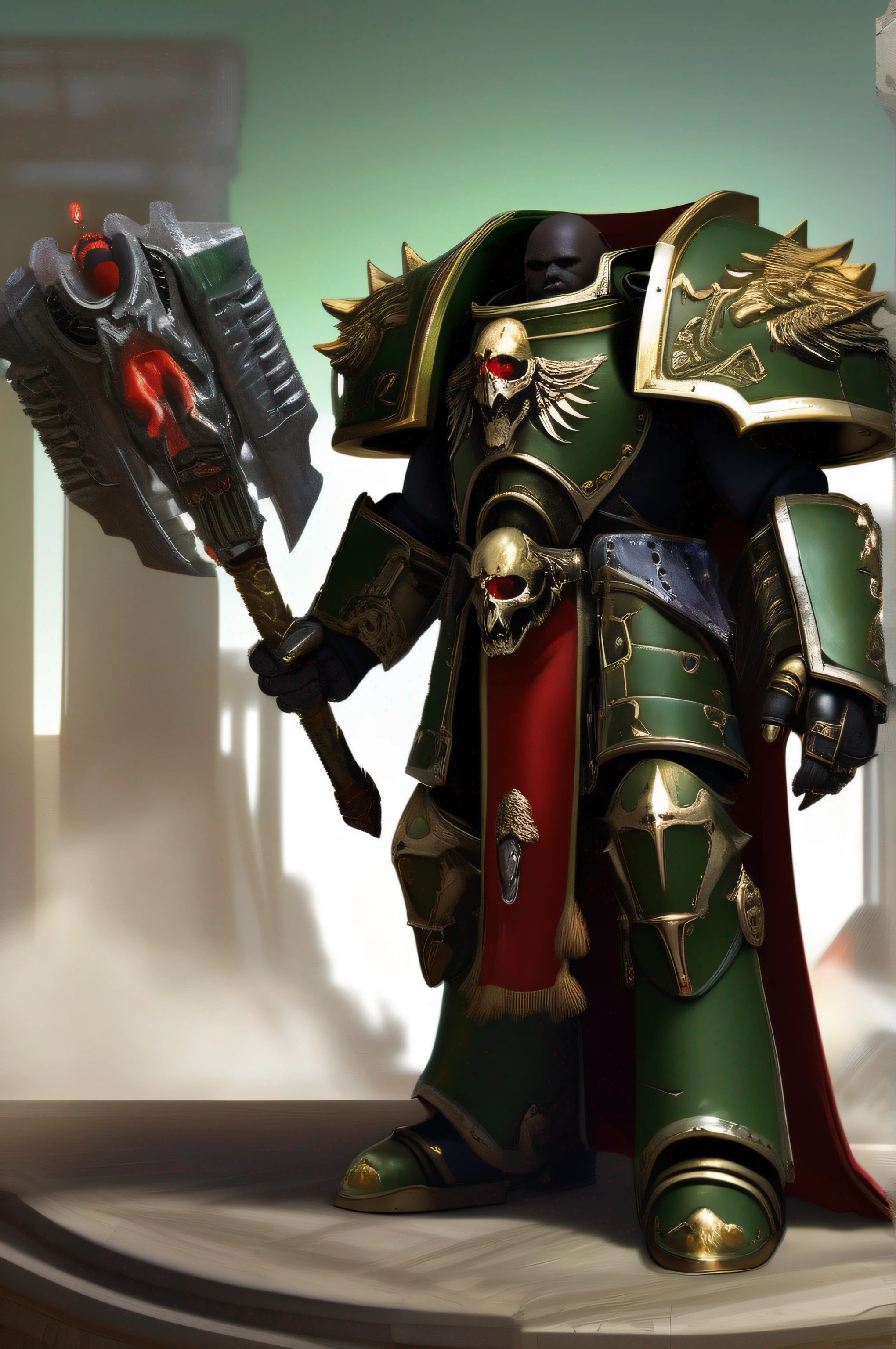 Primarch vulkan, he is a man with black skin and red eyes, he wears green power armor, on the shoulder of the armor he has a dragon skull, and on his chest a symbol of a dragon, he is bald very tall, he holds a huge hammer, high details, super realistic, 8k(Warhammer40k) (Space marine:1)