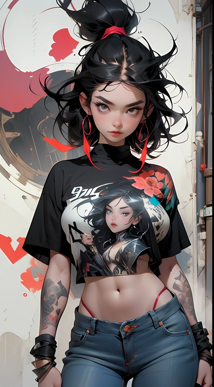 background, mixed-language_text, Japanese graffiti letters, beautiful woman, long black hair,::((best quality)), ((masterpiece)), (very detailed:1.3)photo, sticker banksy art,demi rose , freedom, ::((best quality)), ((masterpiece)), (very detailed:1.3)photo, sticker banksy art,demi rose , freedom, soul, digital illustration, comic style, perfect anatomy, centered, approaching perfection, dynamic, highly detailed, watercolor painting, artstation, concept art,  smooth, sharp focus, illustration, art by carne griffiths and wadim kashin,,alone anime girl with a medium lenght pose and cute clothes, l hair long red, heterochromia, perfect anatomy, cent,, fantastic paintings, graffiti style, highly detailed eyes, a white t-shirt or tatoon stamp, blonde hair, masterpiece, best quality, high quality, highres, detail enhancement, ((most beautiful image in the world)),  masterpiece, best quality, high quality, highres, detail enhancement, ((most beautiful image)), with short shiny black hair, T-shirt, wearing jeans,, art by stjepan sejic, art by j scott campbell, art by guillem march, art by citemer liu, 4k, high resolution, comic book character, CO::Based on DC Comix's Warworld illustration, by Brandon Peterson and Will Conrad::  ::Microphone based, high quality detailed, style: : 2.0 Comix illustration style, tatoon style, high quality, highres, detail enhancement, 8K, HD, best quality, high quality, highres, detail enhancement, 8k, HDR, sharp focus, ultra detailed, perfect lighting
 big breast, with immersive effects, hover effect, background graffiti tribal tattoo style with flowers and vibrant colors, "ultra HDR" detailed and with focus effect, (masterpiece: 1.2, best quality), (beautiful eyes with huge eyelashes finely detailed: 1.2), , ((Solo)), (Finely detailed eyes and detailed face:1.3), perfect hands with 5 fingers and ultra detailed