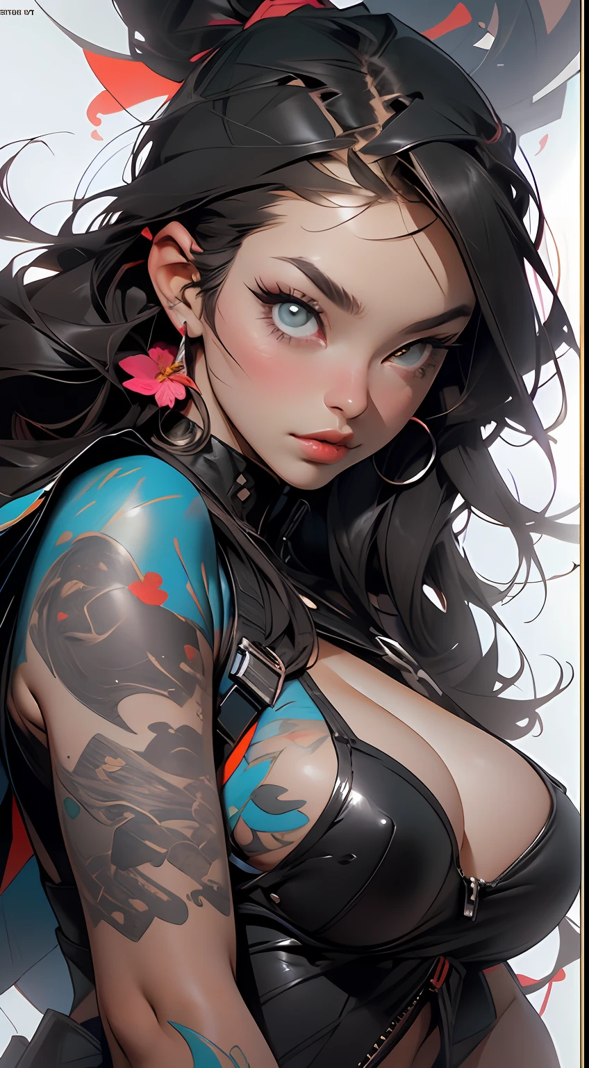 background, mixed-language_text, Japanese graffiti letters, beautiful woman, long black hair,::((best quality)), ((masterpiece)), (very detailed:1.3)photo, sticker banksy art,demi rose , freedom, ::((best quality)), ((masterpiece)), (very detailed:1.3)photo, sticker banksy art,demi rose , freedom, soul, digital illustration, comic style, perfect anatomy, centered, approaching perfection, dynamic, highly detailed, watercolor painting, artstation, concept art, smooth, sharp focus, illustration, art by carne griffiths and wadim kashin,,alone anime girl with a medium lenght pose and cute clothes, l hair long red, heterochromia, perfect anatomy, cent,, fantastic paintings, graffiti style, highly detailed eyes, a white t-shirt or tatoon stamp, blonde hair, masterpiece, best quality, high quality, highres, detail enhancement, ((most beautiful image in the world)), masterpiece, best quality, high quality, highres, detail enhancement, ((most beautiful image)), with short shiny black hair, T-shirt, wearing jeans,, art by stjepan sejic, art by j scott campbell, art by guillem march, art by citemer liu, 4k, high resolution, comic book character, CO::Based on DC Comix's Warworld illustration, by Brandon Peterson and Will Conrad:: ::Microphone based, high quality detailed, style: : 2.0 Comix illustration style, tatoon style, high quality, highres, detail enhancement, 8K, HD, best quality, high quality, highres, detail enhancement, 8k, HDR, sharp focus, ultra detailed, perfect lighting
big breast, with immersive effects, hover effect, background graffiti tribal tattoo style with flowers and vibrant colors, "ultra HDR" detailed and with focus effect, (masterpiece: 1.2, best quality), (beautiful eyes with huge eyelashes finely detailed: 1.2), , ((Solo)), (Finely detailed eyes and detailed face:1.3), perfect hands with 5 fingers and ultra detailed